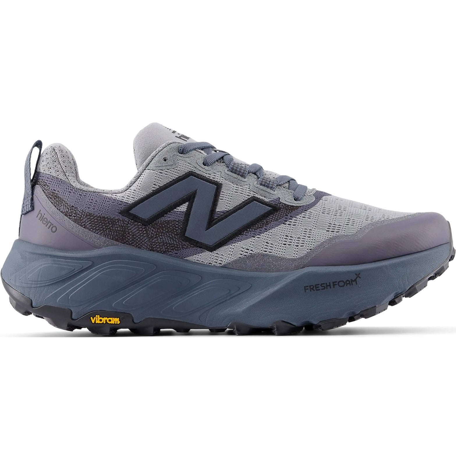 New Balance Fresh Foam X Hierro v9 men's trail running shoes in Slate Grey Shadow Blue outer side view showing dual-density cushioning and Vibram Megagrip outsole