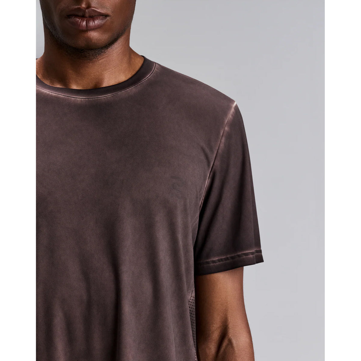 Men's Bandit FrioSoft Perforated Box Tee Espresso close-up of FrioSoft lightweight fabric showing SaltFade vintage technique with cool handfeel and fast-drying moisture-wicking construction for breathable running and everyday wear