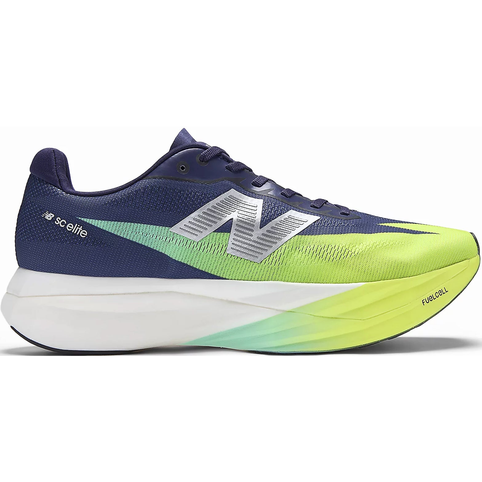 New Balance FuelCell SuperComp Elite v5 men's racing shoes in Boysenberry Afterglow outer side view showing carbon fibre plate and 100% PEBA foam midsole