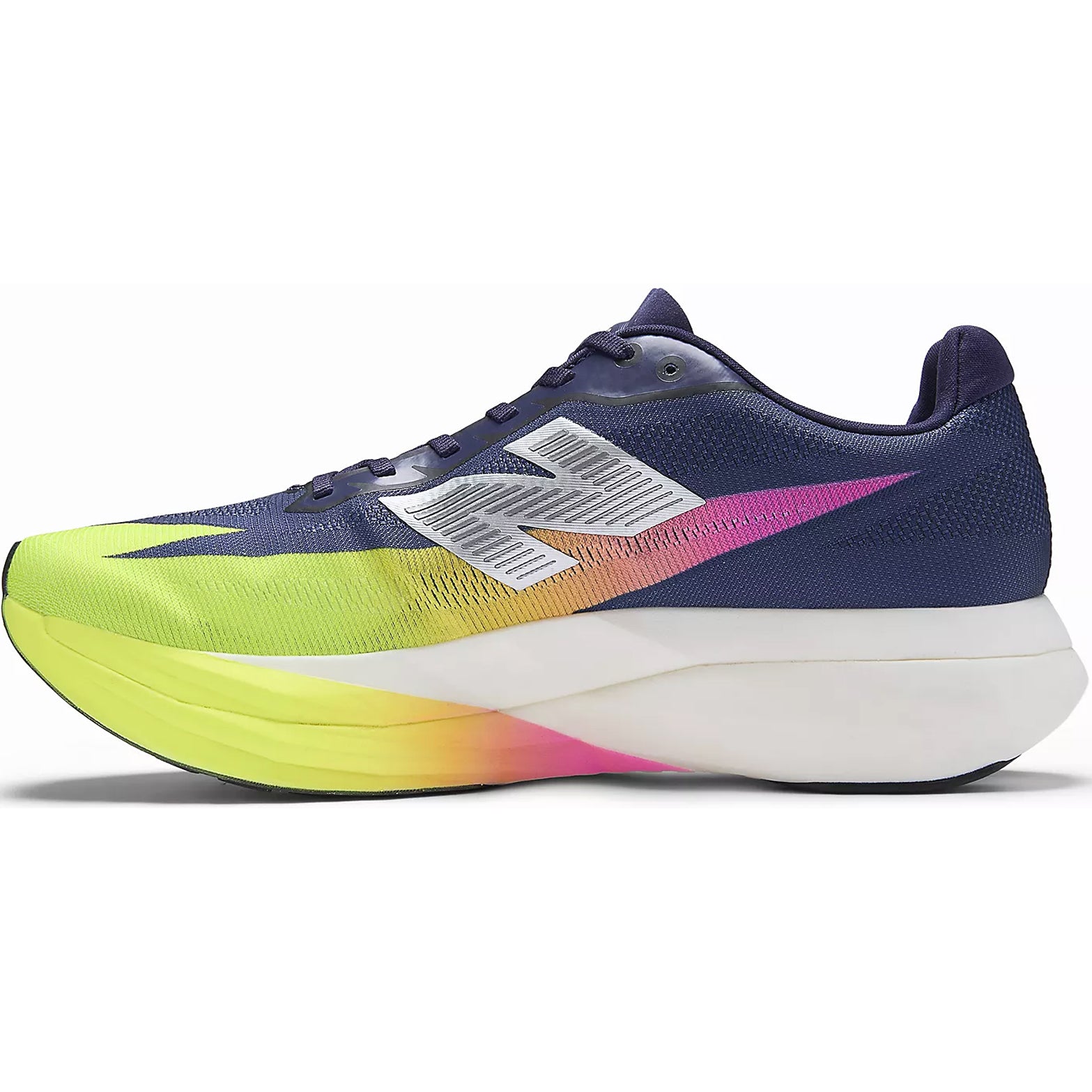 New Balance FuelCell SuperComp Elite v5 Boysenberry Afterglow inner side view featuring Energy Arc technology with strategic midsole voids