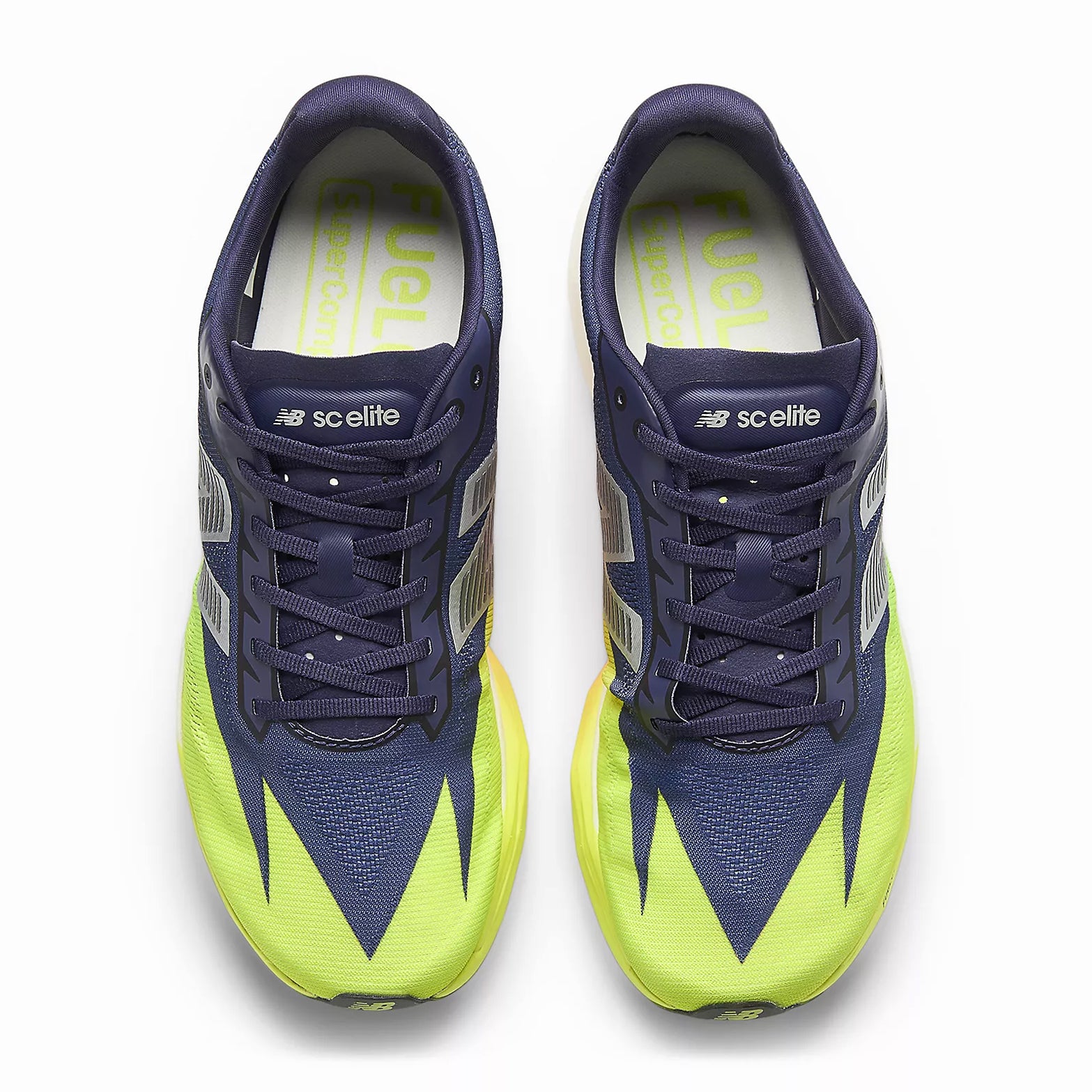 New Balance FuelCell SuperComp Elite v5 men's racing shoes Boysenberry Afterglow top view showing FANTOMFIT single-layer mesh upper with secure lockdown fit