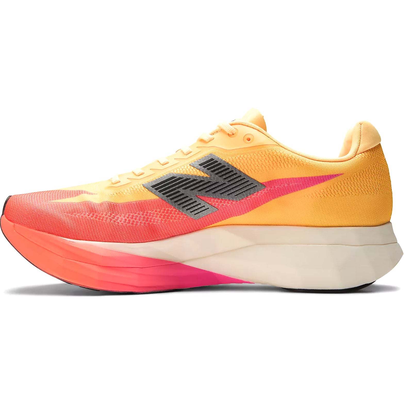 Men's New Balance FuelCell SuperComp Elite v5 Running Shoes Orange Red inner side view showing FuelCell PEBA foam, sport-specific carbon plate geometry and strategic midsole voids