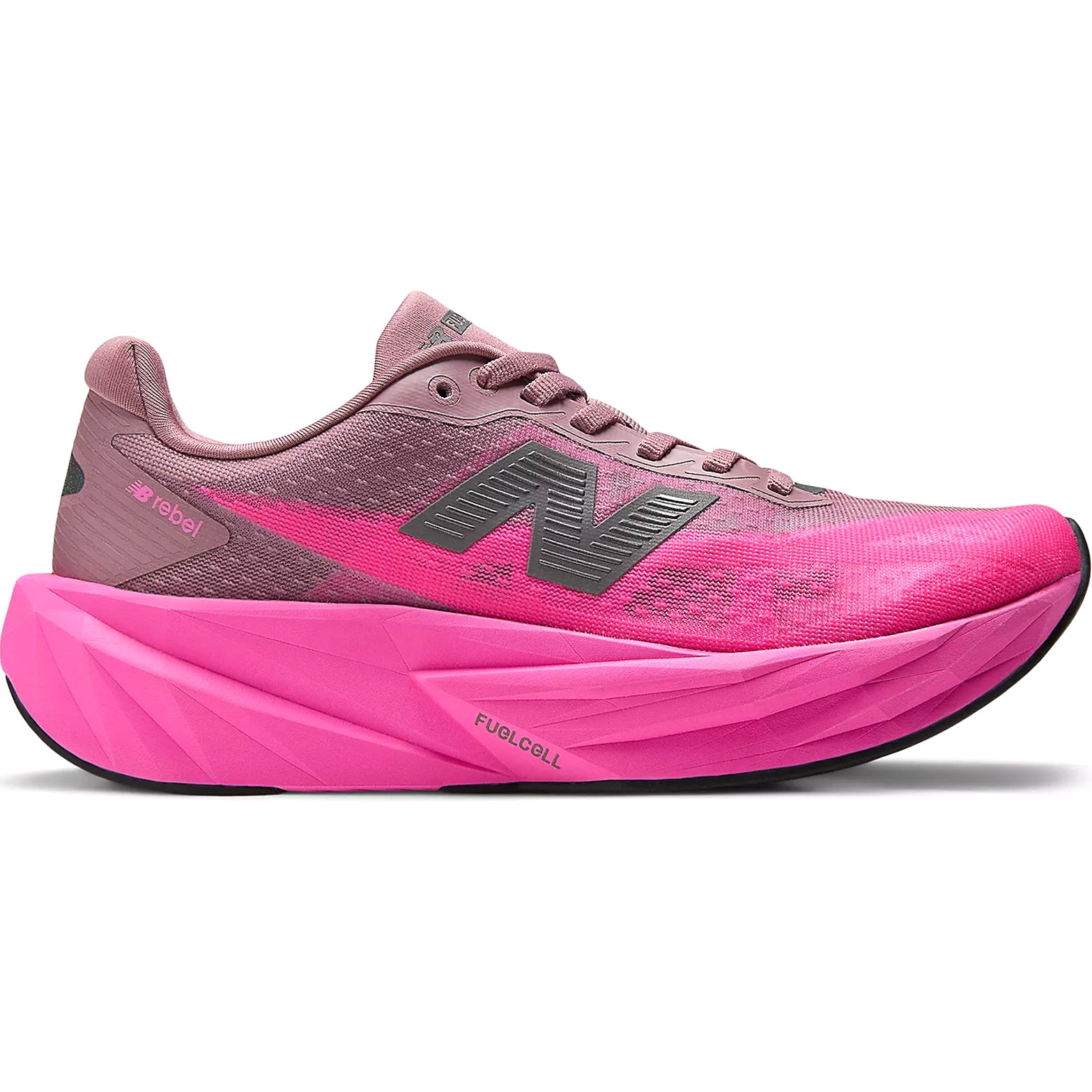 New Balance FuelCell Rebel v5 men's running shoe in Pink Heat / Rosewood — outer view showing pink heat streamlined mesh upper with rosewood accent detailing and geometric FuelCell midsole profile