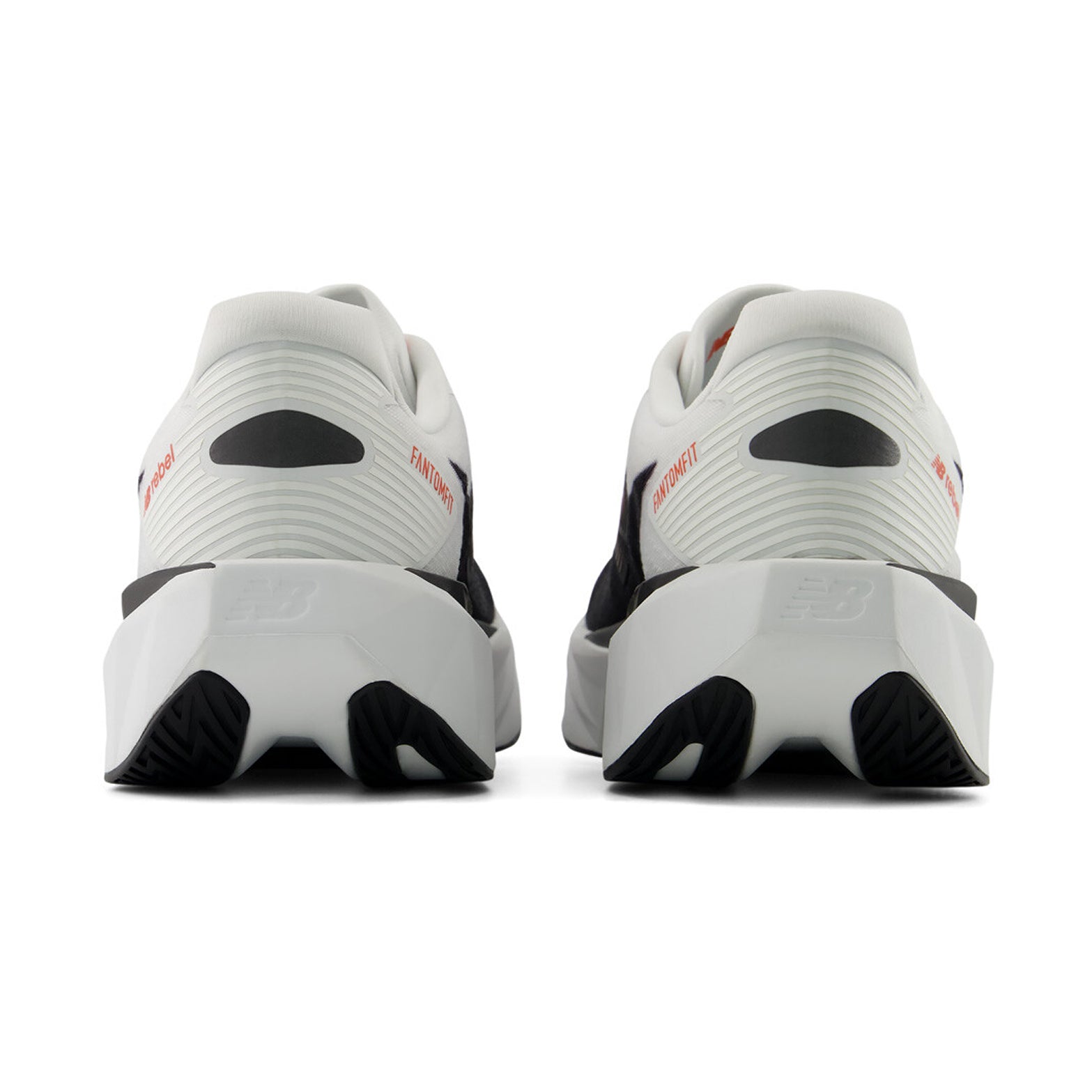 Men's New Balance FuelCell Rebel v5 Running Shoes White Neo Flame heel view showing FuelCell foam blend with wider higher geometric midsole stack for increased cushioning and propulsive energy return
