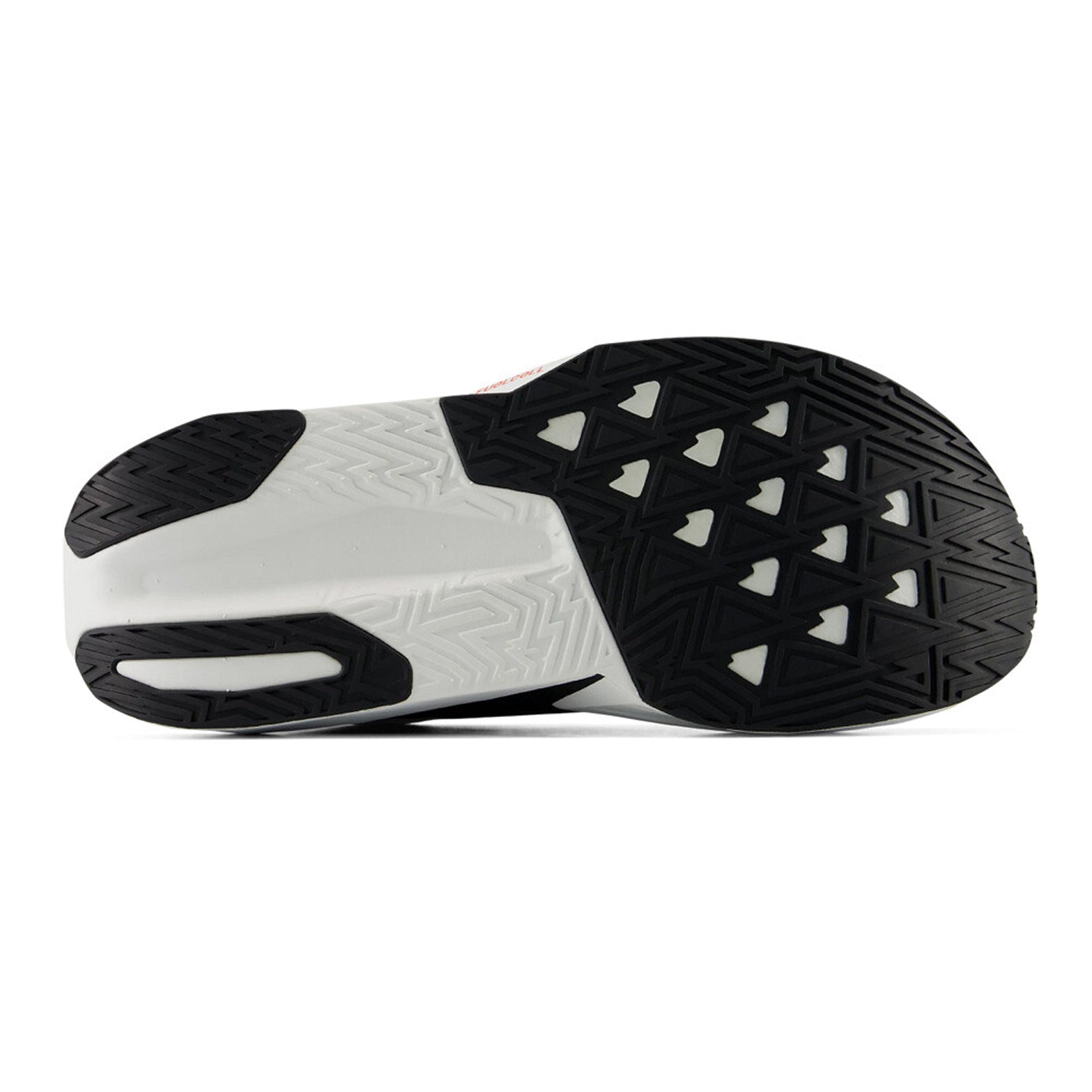 Men's New Balance FuelCell Rebel v5 Running Shoes White Neo Flame sole view displaying redesigned outsole with increased forefoot rubber for enhanced durability during faster-paced running