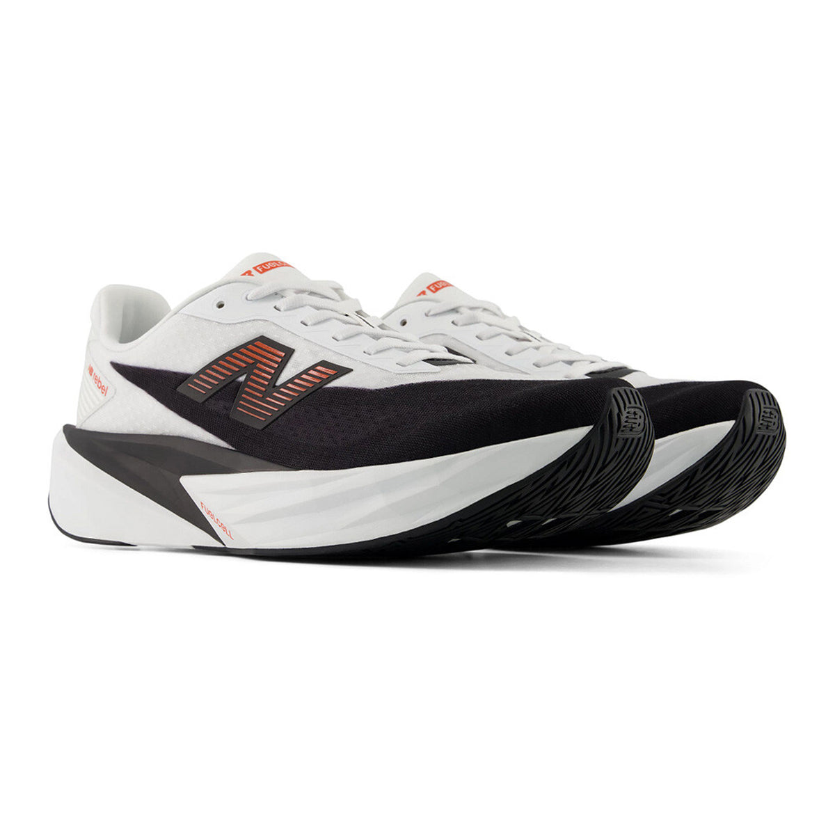 Men's New Balance FuelCell Rebel v5 Running Shoes White Neo Flame angled side view of pair showing FuelCell PEBA and EVA foam with wider higher geometric midsole stack and redesigned outsole for lightweight propulsive versatile training