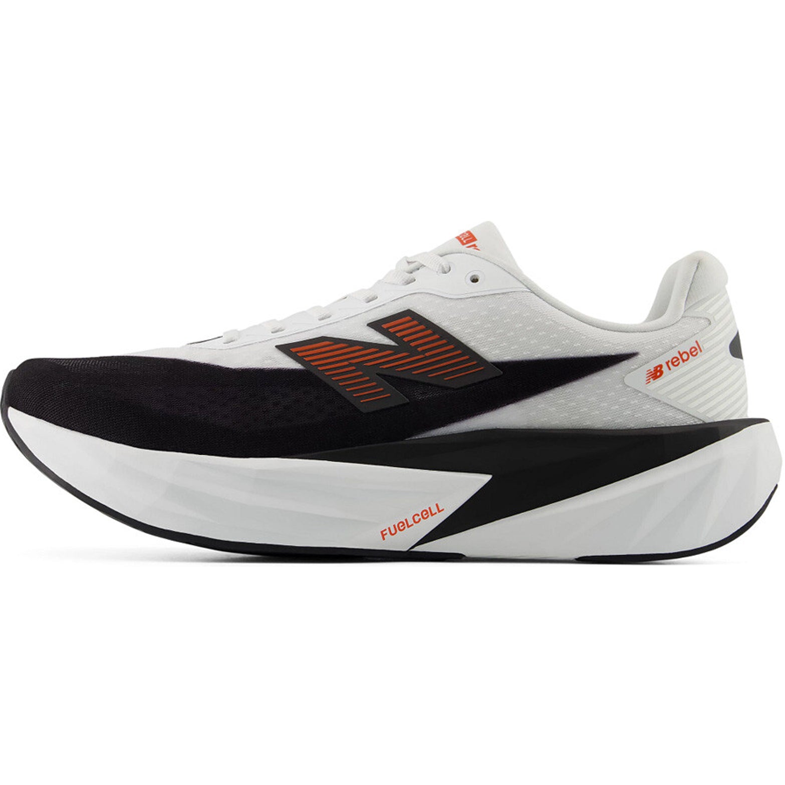 Men's New Balance FuelCell Rebel v5 Running Shoes White Neo Flame inner side view showing FuelCell cushioning with redesigned heel and tongue for responsive comfortable fast-paced running