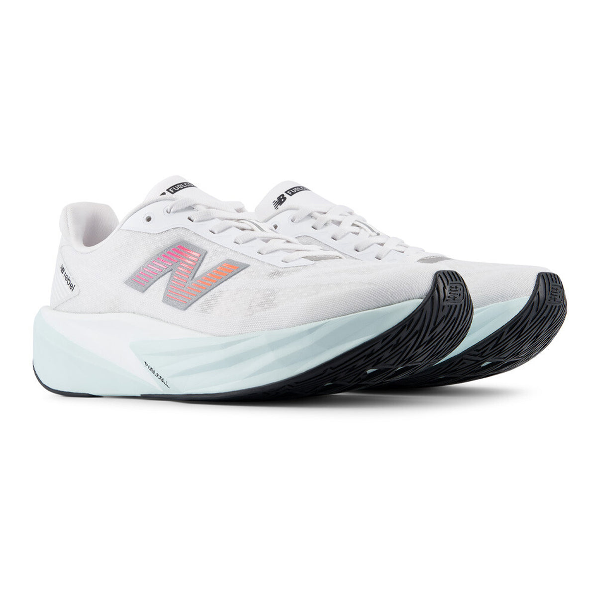 New Balance FuelCell Rebel v5 men's running shoe in White / Pink Heat / Glint Blue — angled side view showing white engineered mesh upper, lightweight responsive design and pink heat FuelCell foam midsole stack
