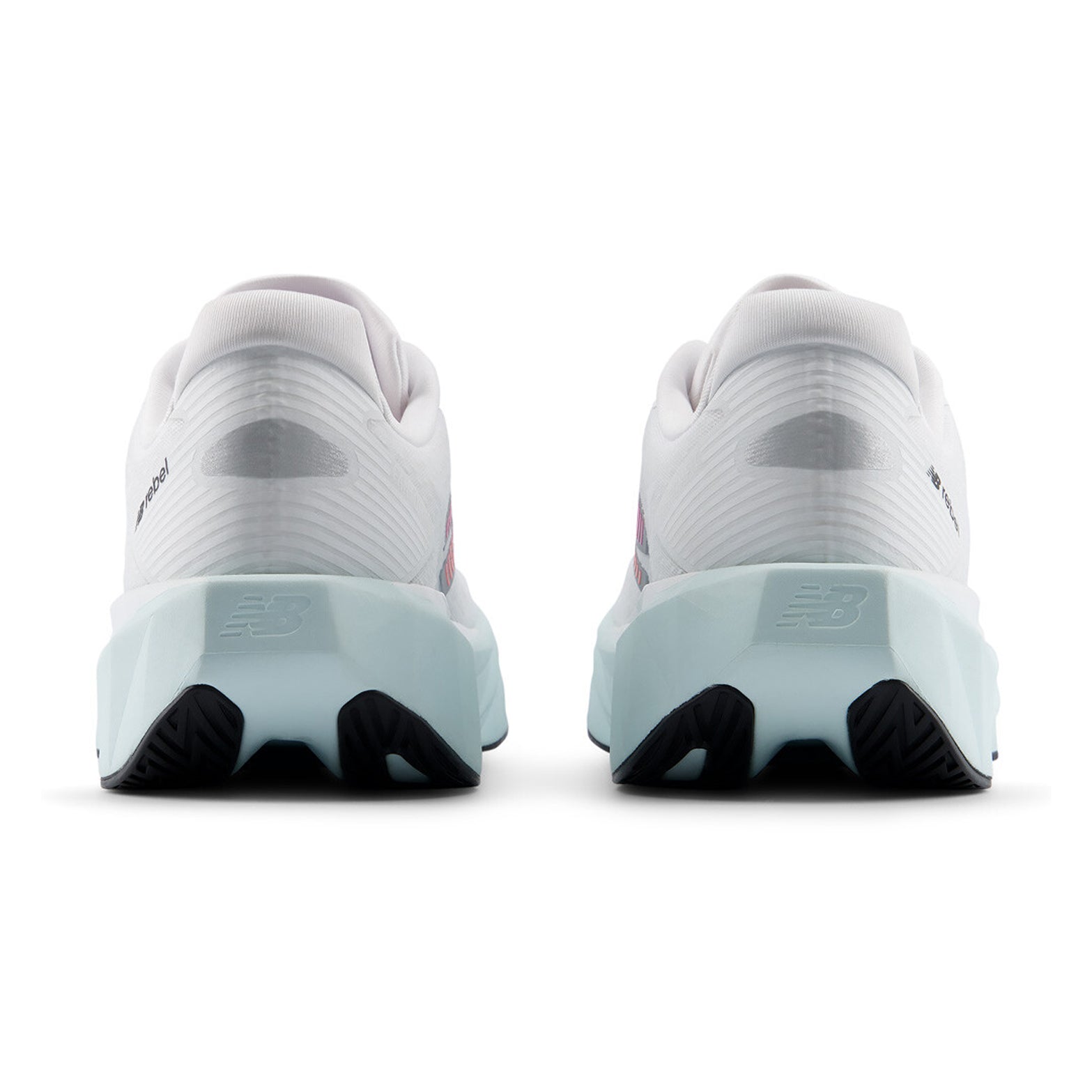 New Balance FuelCell Rebel v5 men's running shoe in White / Pink Heat / Glint Blue — heel view showing structured support construction, glint blue heel detailing and pink heat FuelCell foam midsole contrast