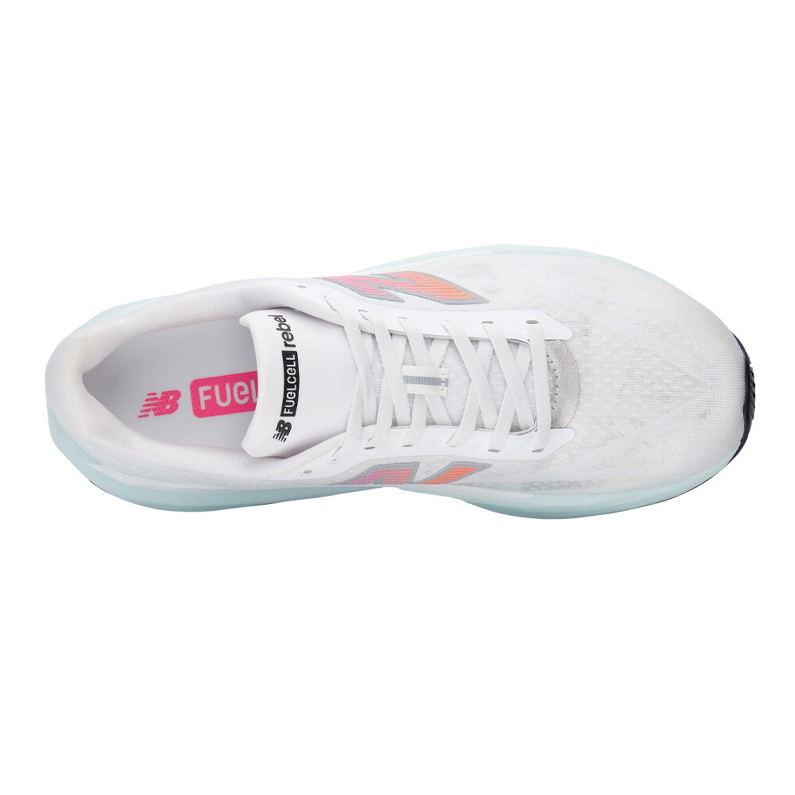 New Balance FuelCell Rebel v5 men's running shoe in White / Pink Heat / Glint Blue — top-down view showing white engineered mesh upper construction, lace closure and pink heat and glint blue accent detailing