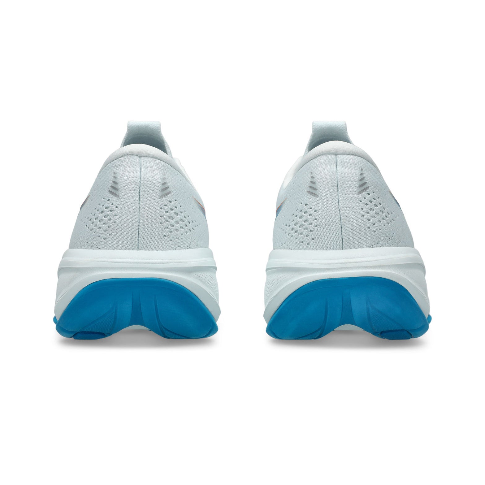 Men's ASICS Gel-Cumulus 28 Running Shoes Arctic Blue Aegean Blue pair heel view showing PureGEL technology and heel bevel geometry