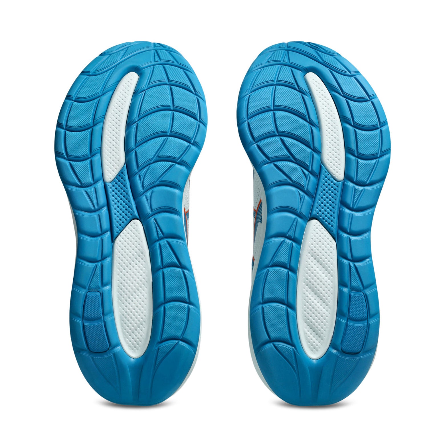 Men's ASICS Gel-Cumulus 28 Running Shoes Arctic Blue Aegean Blue pair sole view displaying FLUIDRIDE outsole and AHAR LO heel plug rubber