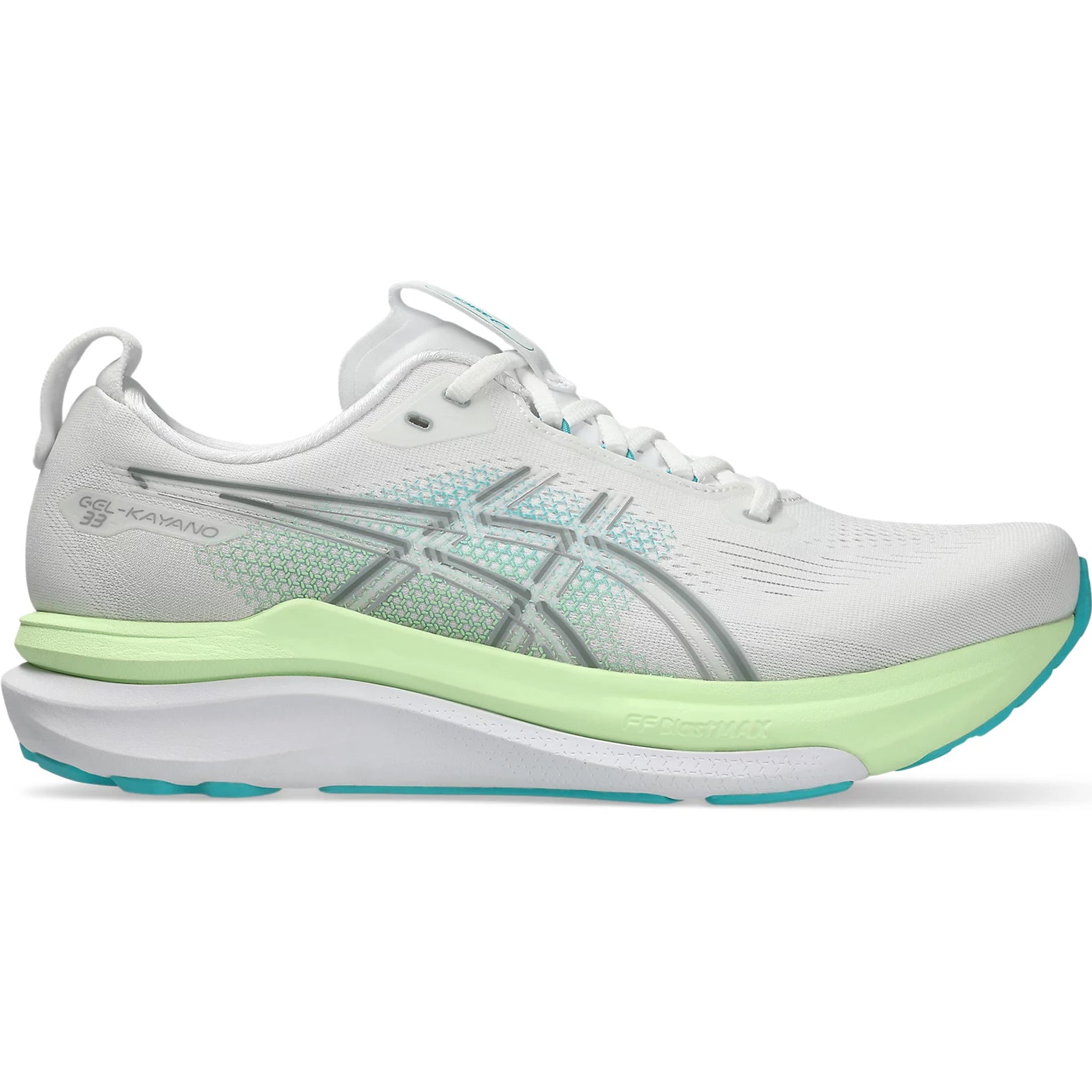 Asics GEL-Kayano 33 men's running shoe in White / Energy Aqua — outer view showing white engineered mesh upper with energy aqua accent detailing and dual-foam FF BLAST MAX FF BLAST PLUS midsole profile