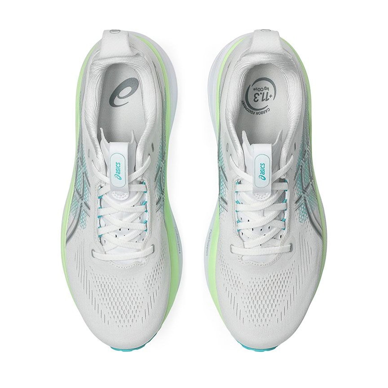 Asics GEL-Kayano 33 men's running shoe in White / Energy Aqua — top-down view showing white engineered mesh upper construction, lace closure and energy aqua accent detailing
