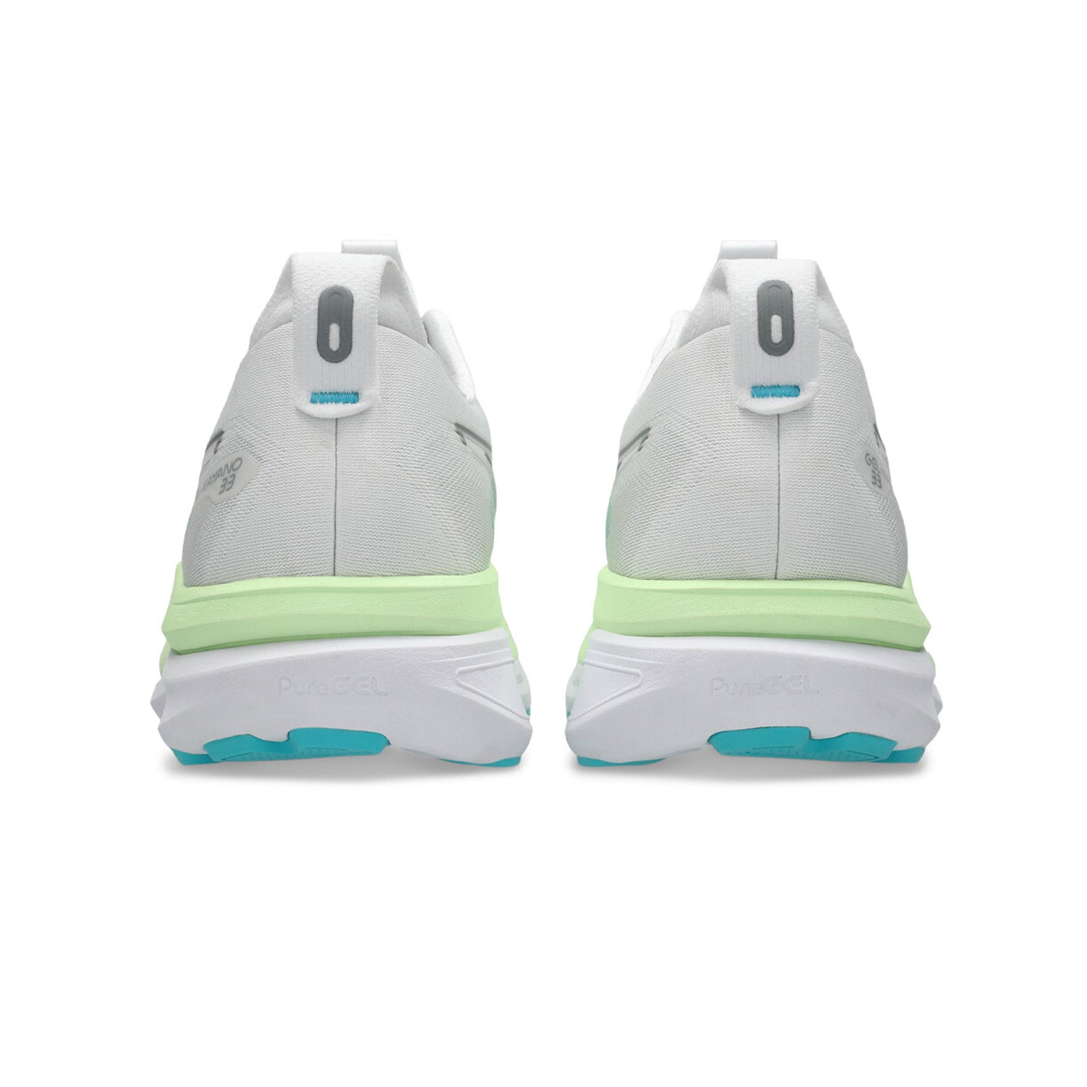 Asics GEL-Kayano 33 men's running shoe in White / Energy Aqua — heel view showing rearfoot PureGEL technology construction, reflective detailing and energy aqua midsole contrast