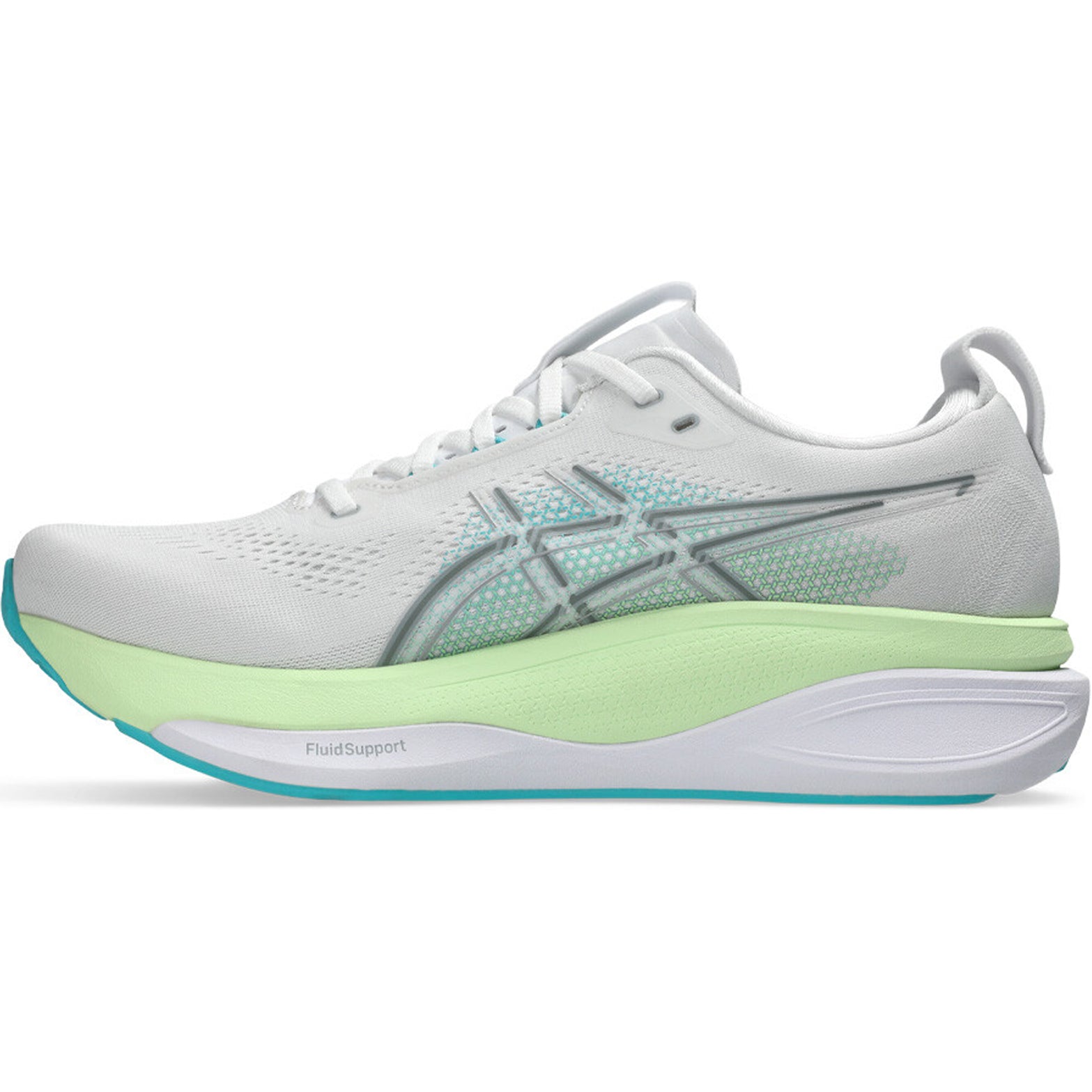 Asics GEL-Kayano 33 men's running shoe in White / Energy Aqua — inner view showing white engineered mesh upper, energy aqua midsole detailing, rearfoot PureGEL technology and OrthoLite sockliner construction