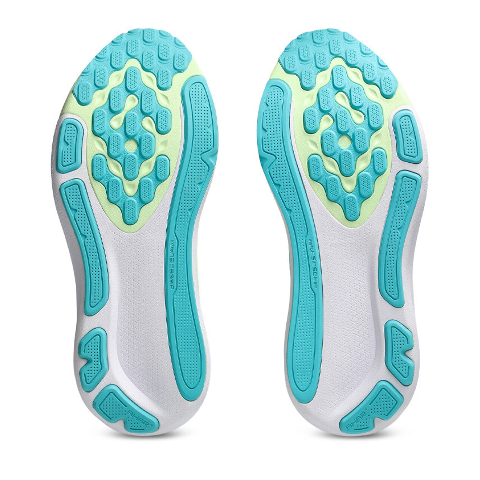 Asics GEL-Kayano 33 men's running shoe in White / Energy Aqua — outsole view showing hybrid ASICSGrip AHARPLUS tread pattern and energy aqua dual-foam FF BLAST MAX FF BLAST PLUS midsole stack