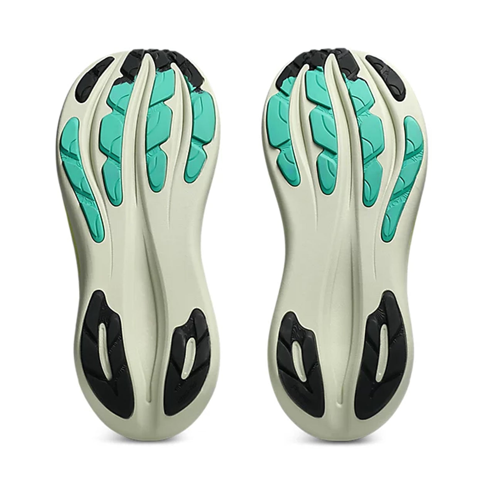 Men's ASICS Gel-Nimbus 28 TR Running Shoes Aurora Green Black sole view displaying ASICSGRIP outsole with AHAR LO rubber for gravel and mixed terrain traction