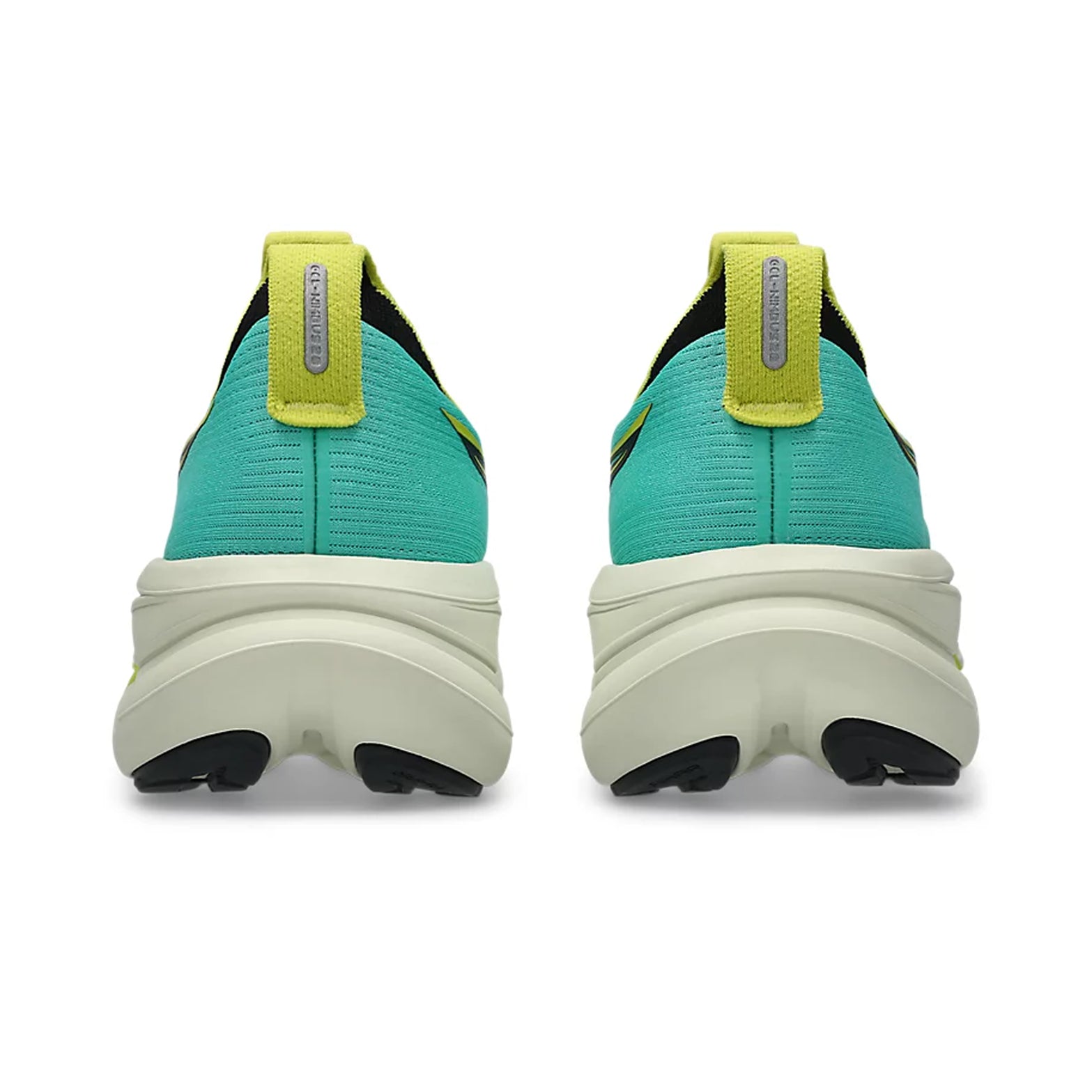 Men's ASICS Gel-Nimbus 28 TR Running Shoes Aurora Green Black heel view showing FF BLAST PLUS and PureGEL technology cushioning stack