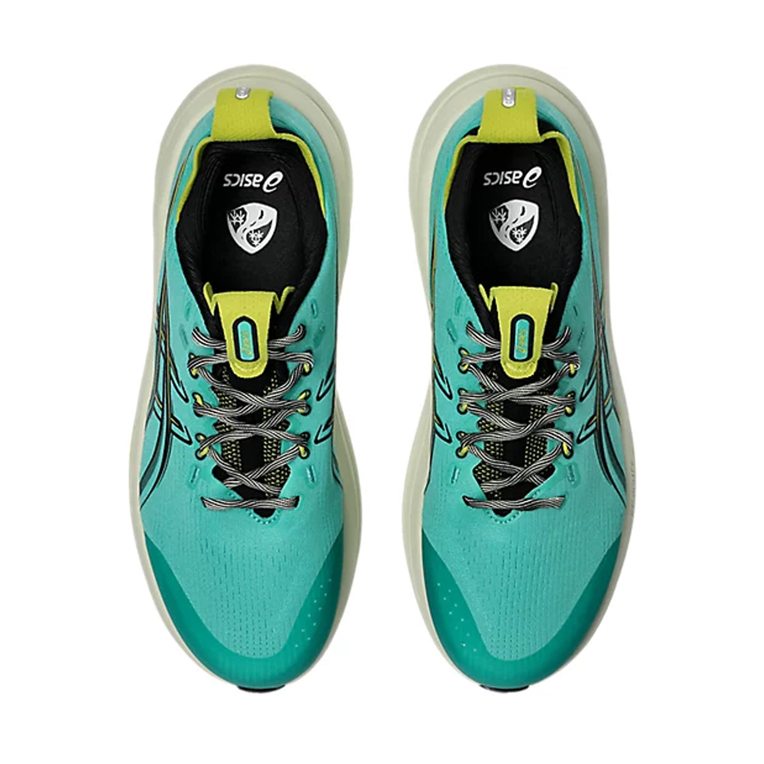 Men's ASICS Gel-Nimbus 28 TR Running Shoes Aurora Green Black top view showing lightweight engineered knit upper with reflective details and 75% recycled materials