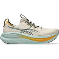 Men's ASICS Gel-Nimbus 28 TR Running Shoes Simply Taupe Ocean Haze outer side view showing FF BLAST PLUS cushioning with PureGEL technology and ASICSGRIP outsole for cloud-like comfort on gravel and mixed terrain