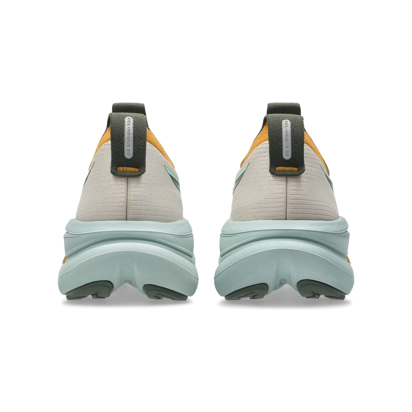 Men's ASICS Gel-Nimbus 28 TR Running Shoes Simply Taupe Ocean Haze heel view showing FF BLAST PLUS cushioning with PureGEL technology for soft protective landings during long-distance mixed terrain running