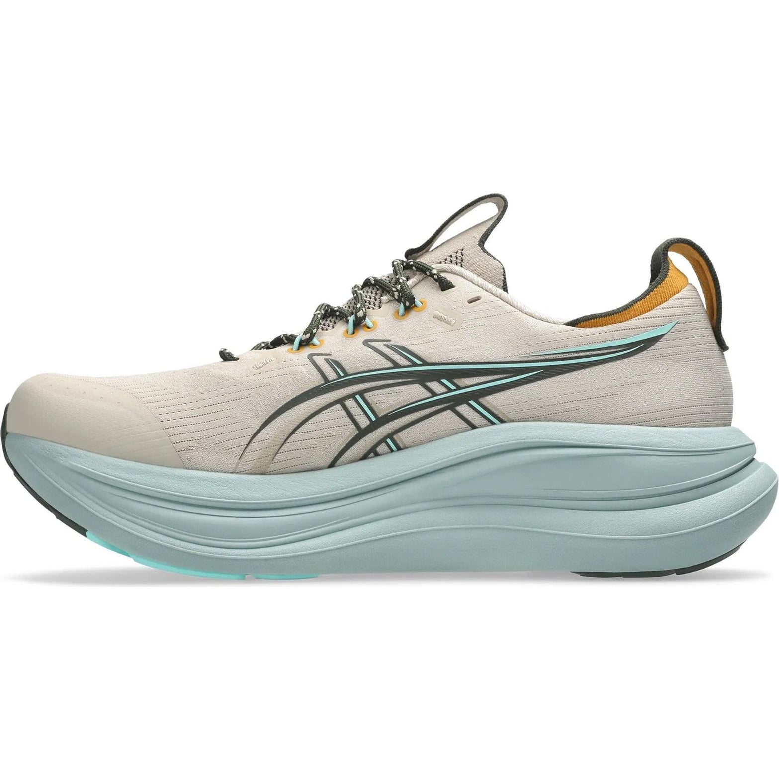 Men's ASICS Gel-Nimbus 28 TR Running Shoes Simply Taupe Ocean Haze inner side view showing FF BLAST PLUS and PureGEL midsole with OrthoLite X-55 sockliner for plush cushioned mixed terrain running