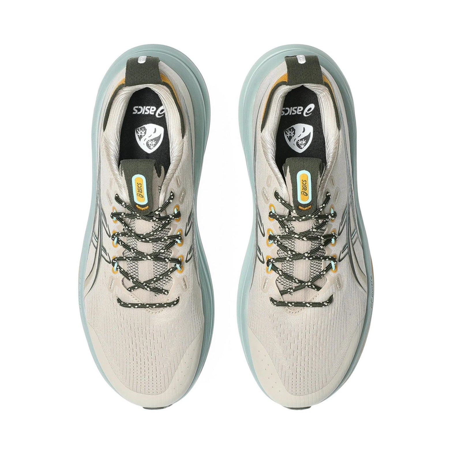 Men's ASICS Gel-Nimbus 28 TR Running Shoes Simply Taupe Ocean Haze top view showing engineered knit upper with at least 75% recycled content and reflective details for breathable gravel running