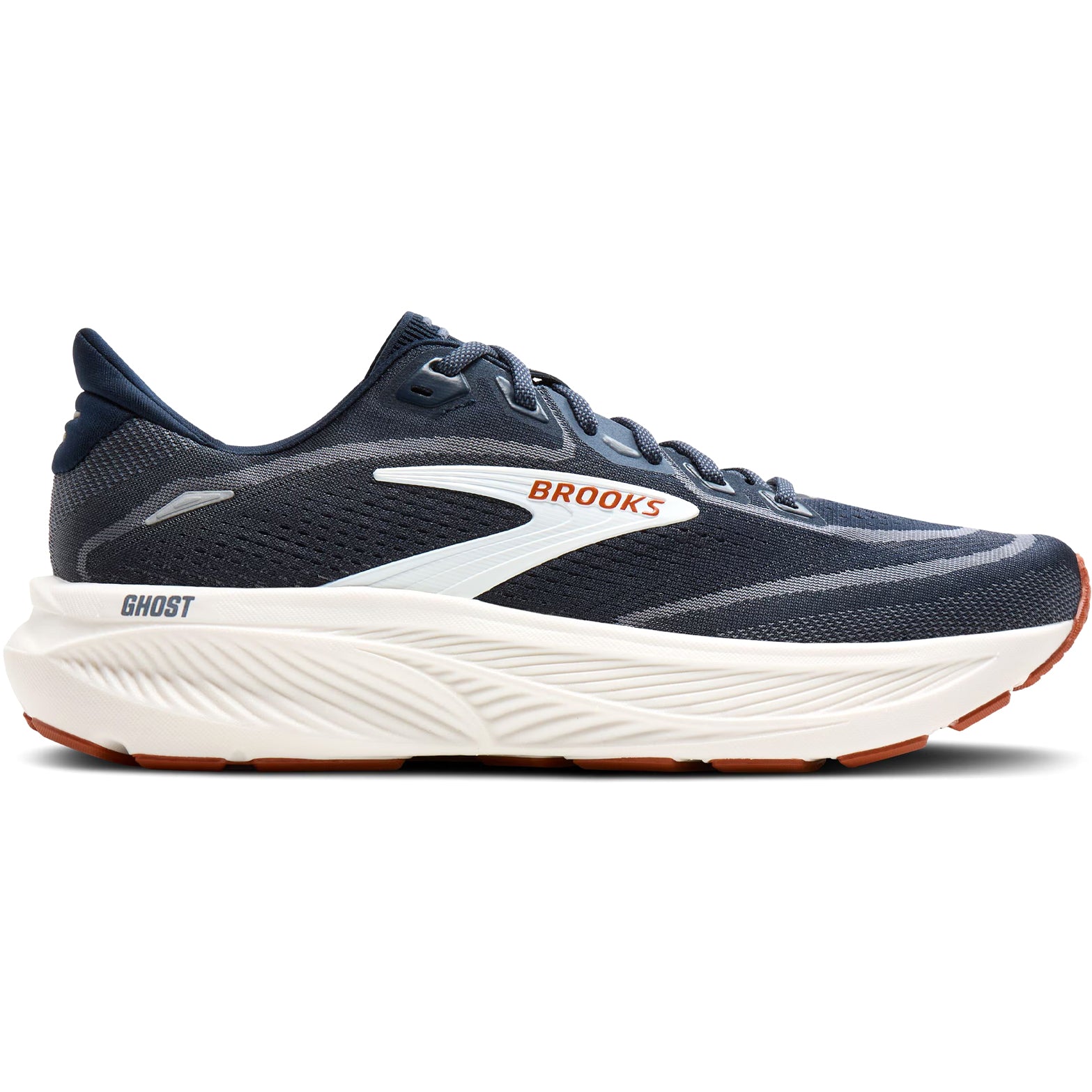 Brooks Ghost 18 men's running shoe in Navy Blazer / Red Earth / Blue — outer view showing navy blazer engineered air mesh upper with red earth and blue accent detailing and DNA LOFT v3 foam midsole profile
