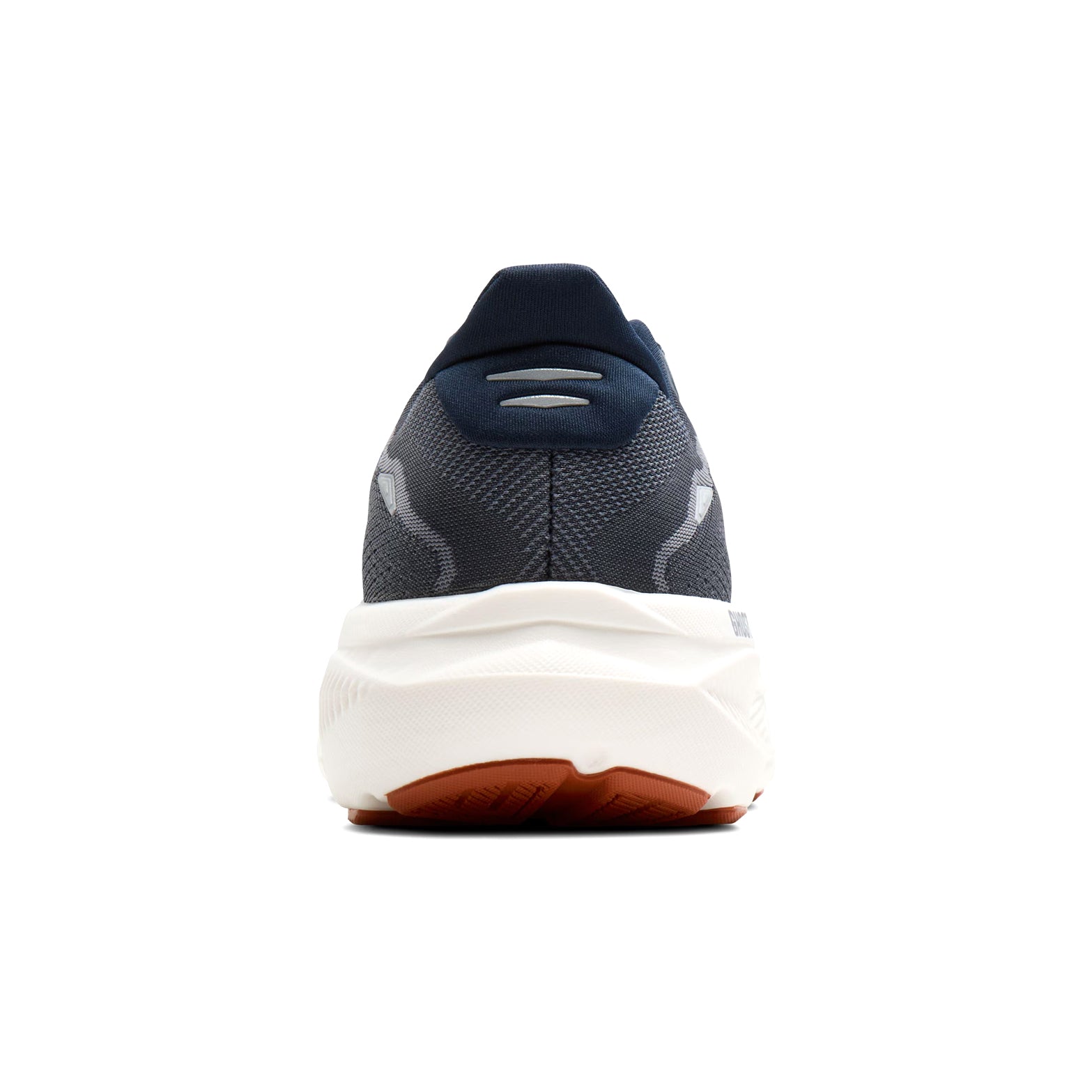 Brooks Ghost 18 men's running shoe in Navy Blazer / Red Earth / Blue — heel view showing soft flat-knit tongue construction, reflective heel detailing and red earth DNA LOFT v3 foam midsole contrast