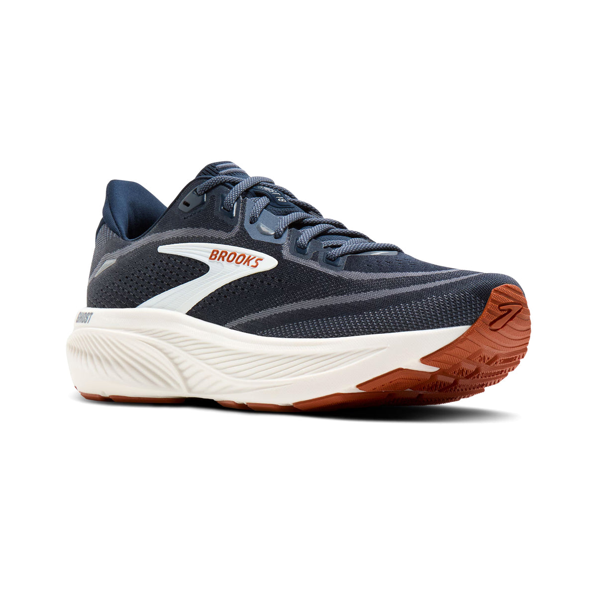 Brooks Ghost 18 men's running shoe in Navy Blazer / Red Earth / Blue — angled side view showing navy blazer engineered air mesh upper, red earth and blue accent detailing and DNA LOFT v3 foam midsole stack with 10mm drop profile