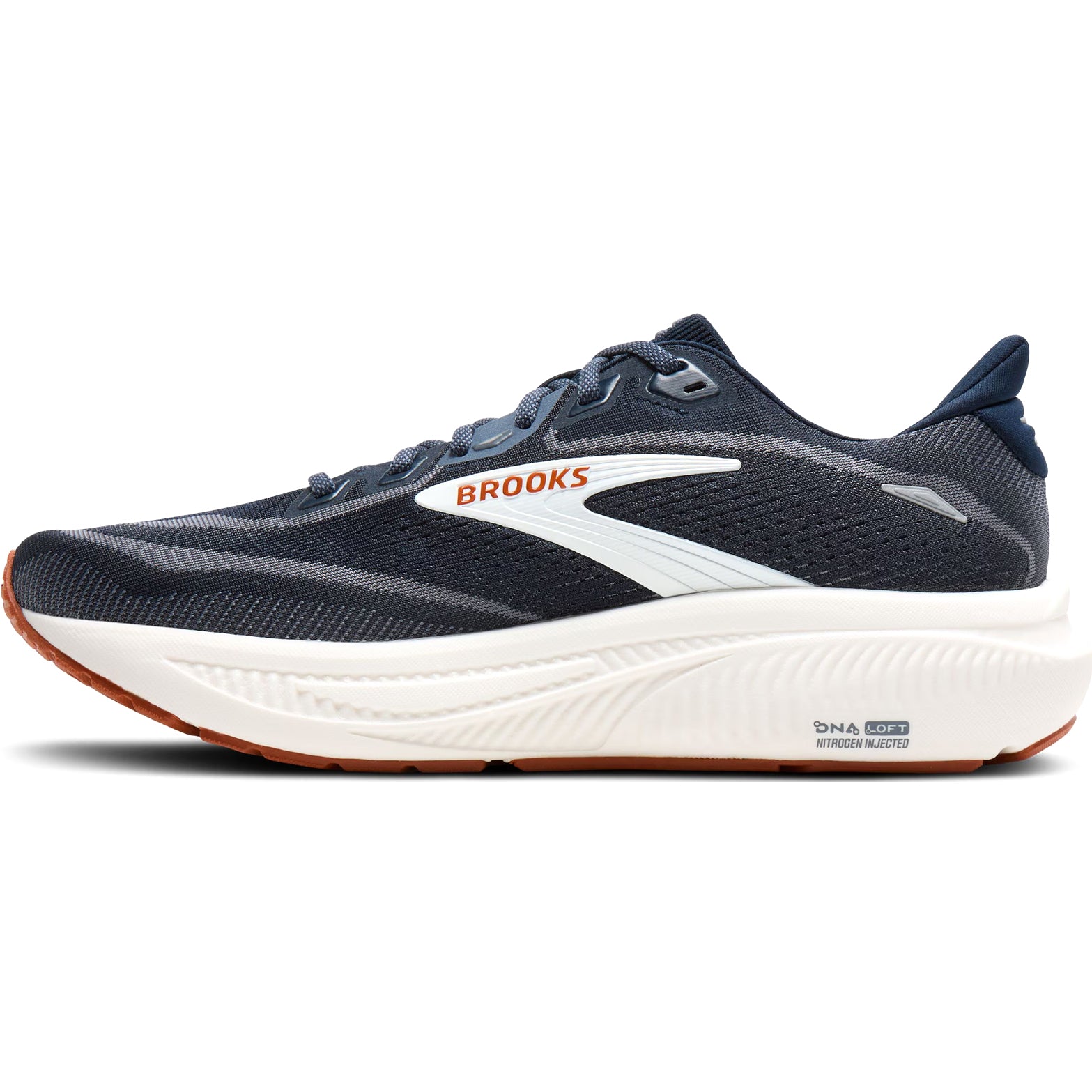 Brooks Ghost 18 men's running shoe in Navy Blazer / Red Earth / Blue — inner view showing navy blazer engineered air mesh upper, soft flat-knit tongue, red earth midsole detailing and Ortholite X-60 sockliner construction