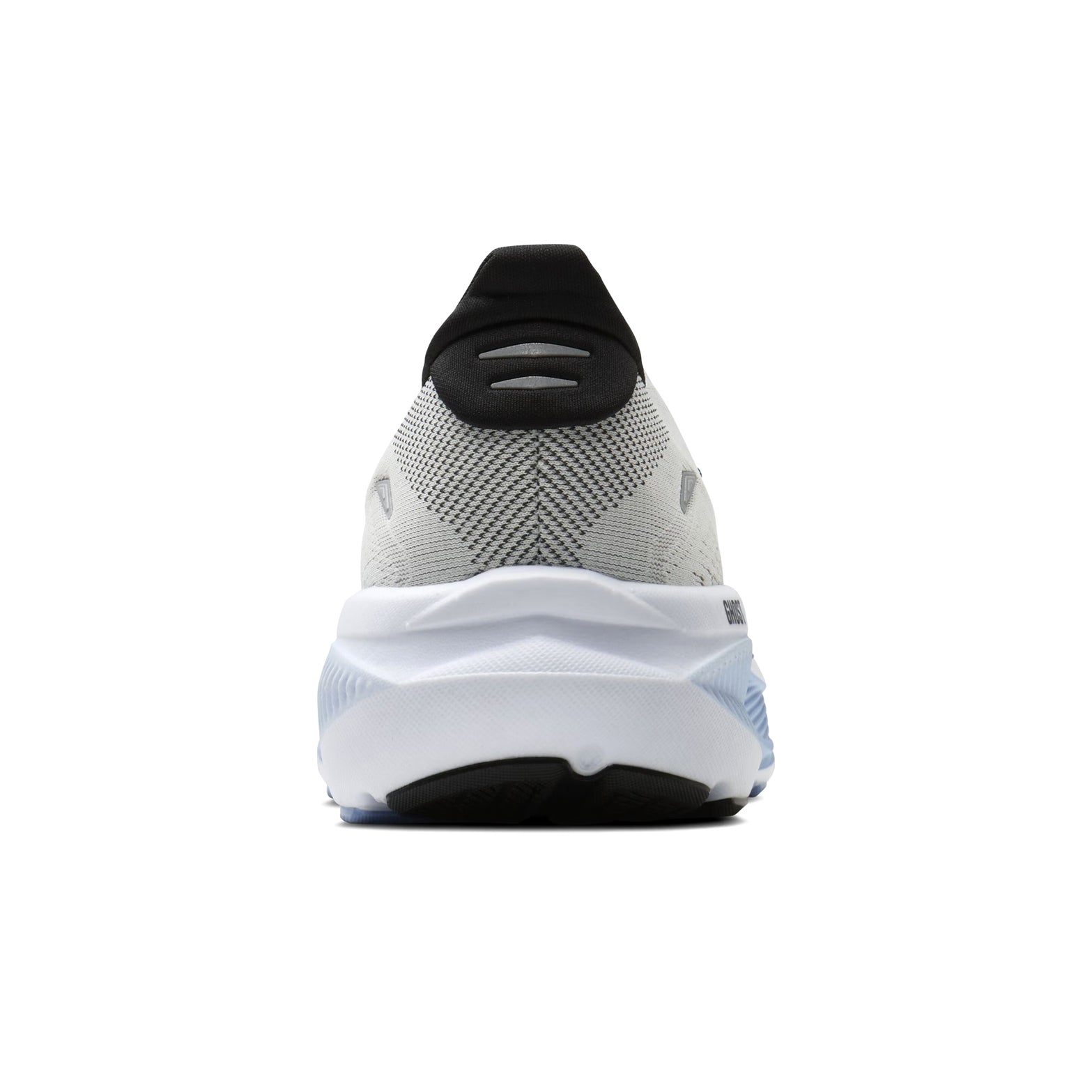 Brooks Ghost 18 men's running shoe in White / Black / Open Air — heel view showing soft flat-knit tongue construction, reflective heel detailing and open air DNA LOFT v3 foam midsole contrast