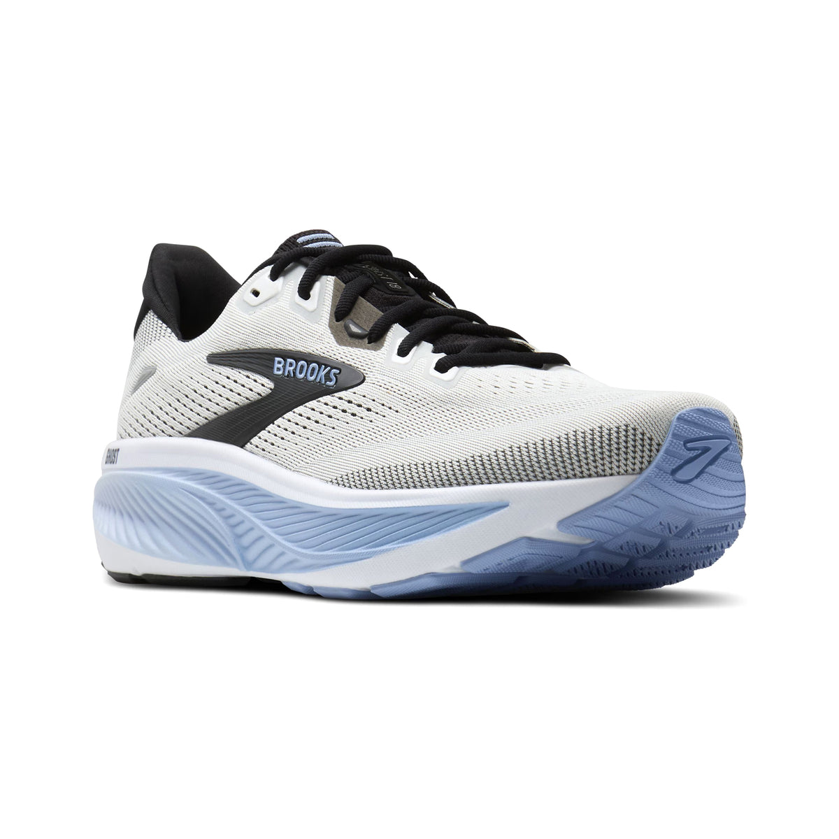 Brooks Ghost 18 men's running shoe in White / Black / Open Air — angled side view showing white engineered air mesh upper, black and open air accent detailing and DNA LOFT v3 foam midsole stack with 10mm drop profile