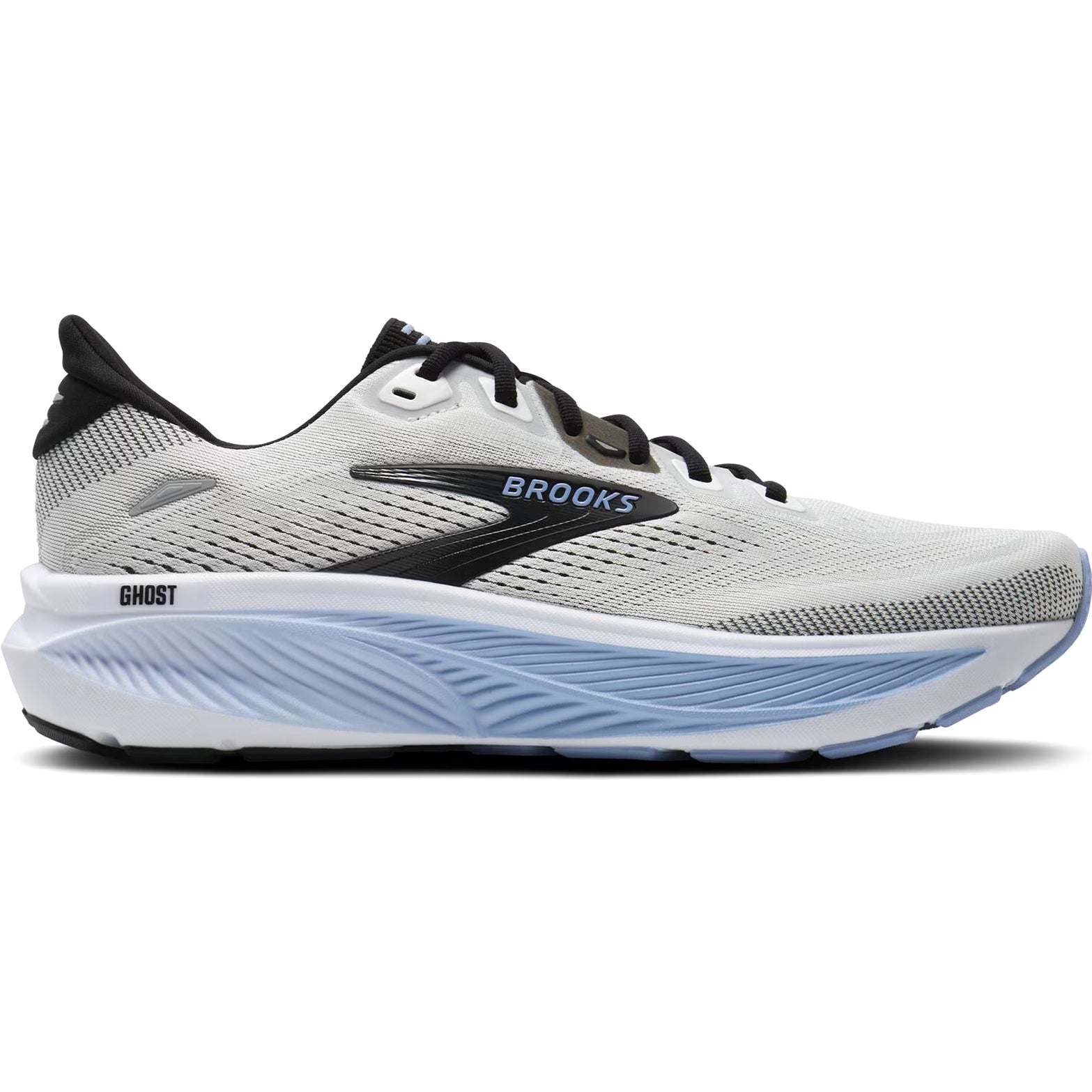 Brooks Ghost 18 men's running shoe in White / Black / Open Air — outer view showing white engineered air mesh upper with black and open air accent detailing and DNA LOFT v3 foam midsole profile