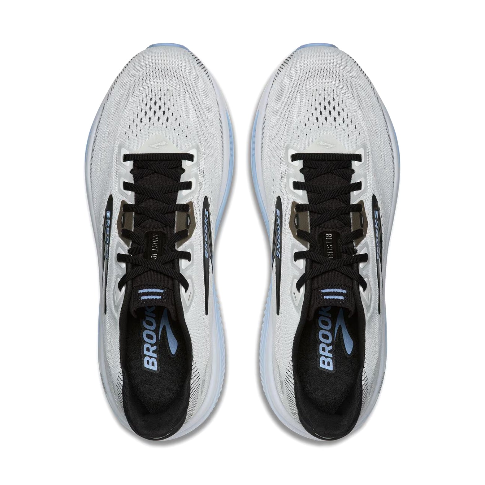 Brooks Ghost 18 men's running shoe in White / Black / Open Air — top-down view showing white two-colour engineered mesh upper construction, soft flat-knit tongue and lace closure with black detailing