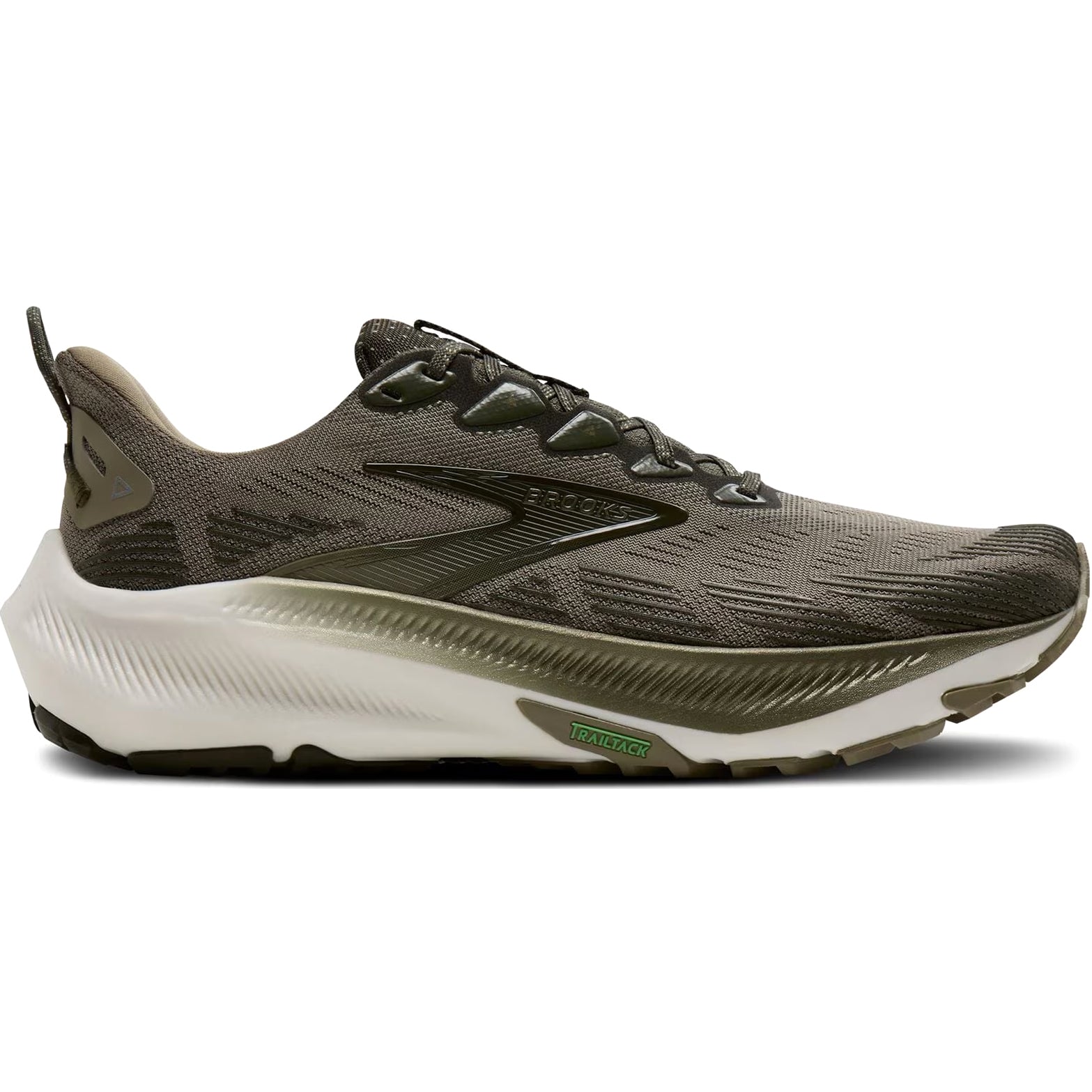 Men's Brooks Ghost Trail Running Shoes Olive Olive Metallic outer side view showing nitrogen-infused cushioning with TrailTack Green rubber outsole and 3mm lugs for confident mixed terrain running