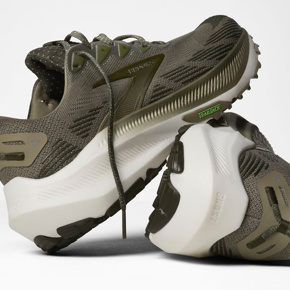 Men's Brooks Ghost Trail Running Shoes Olive Olive Metallic angled side and heel view showing nitrogen-infused Ghost cushioning with TrailTack Green rubber and 3D printed mudguard for confident mixed surface trail running