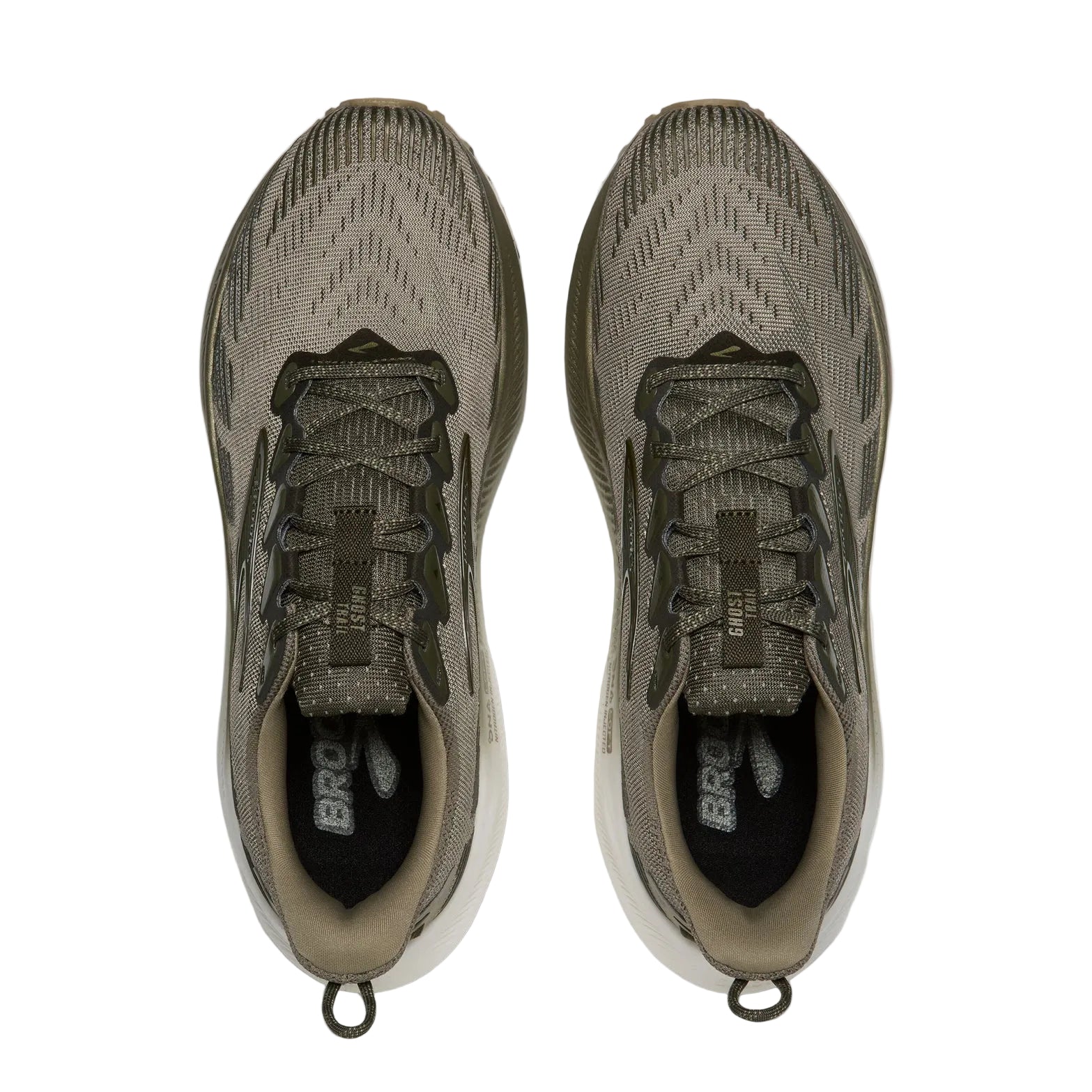 Men's Brooks Ghost Trail Running Shoes Olive Olive Metallic top view showing soft breathable air mesh upper with 3D printed toe cap layer and mudguard for off-road protection