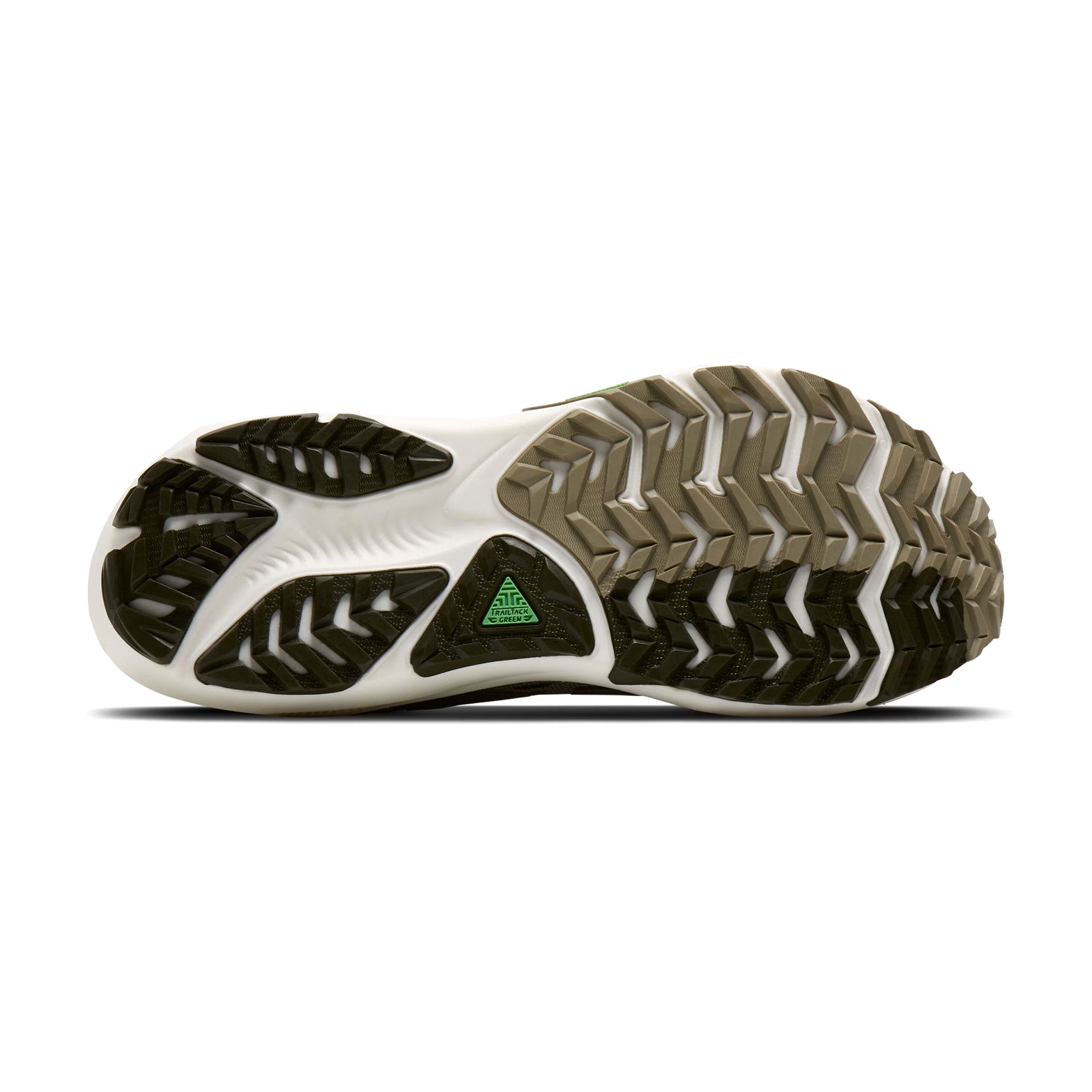 Men's Brooks Ghost Trail Running Shoes Olive Olive Metallic sole view displaying TrailTack Green rubber outsole with 3mm lugs for reliable traction on wet and dry trail surfaces