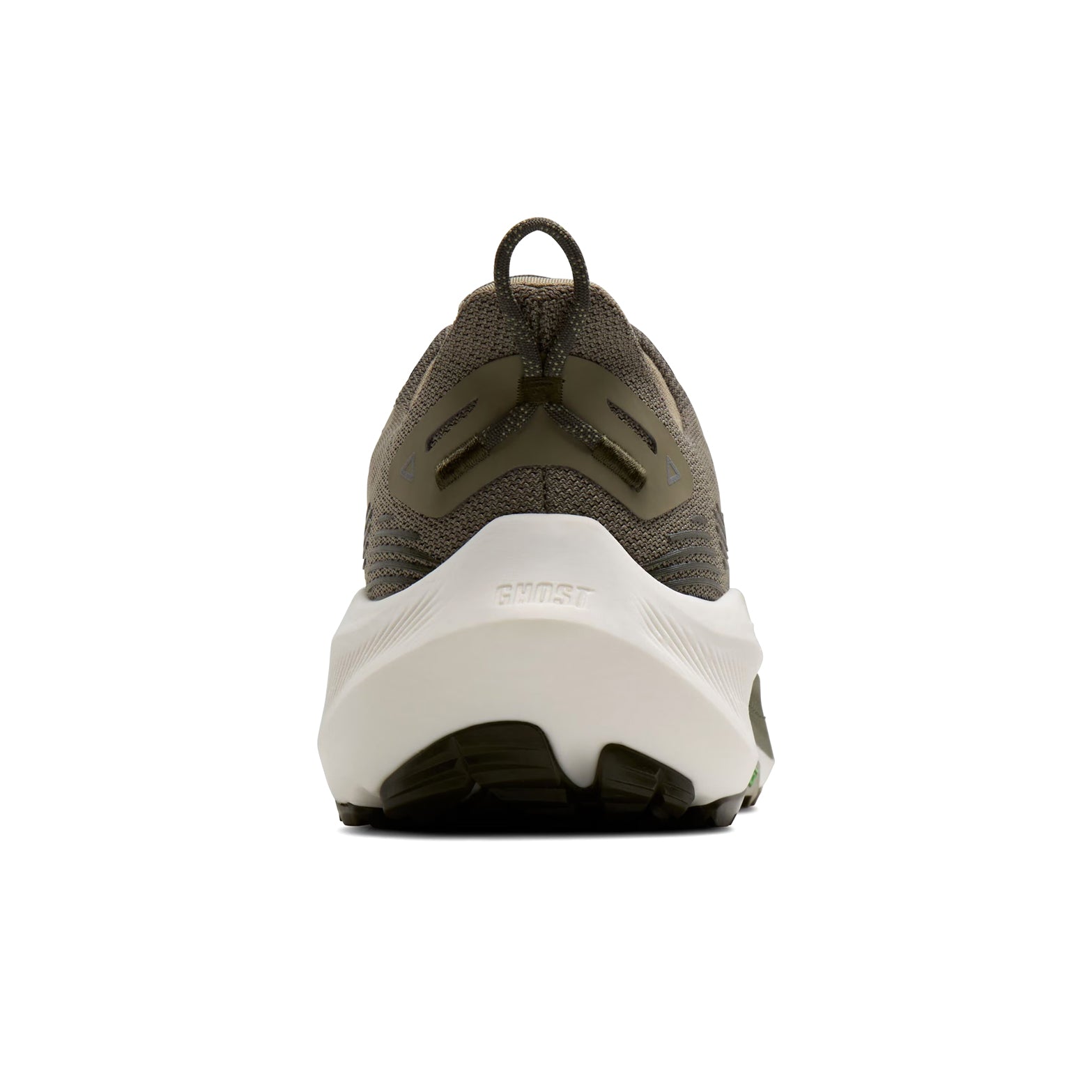 Men's Brooks Ghost Trail Running Shoes Olive Olive Metallic heel view showing nitrogen-infused cushioning with flexible TrailTack outsole for soft landings during trail running