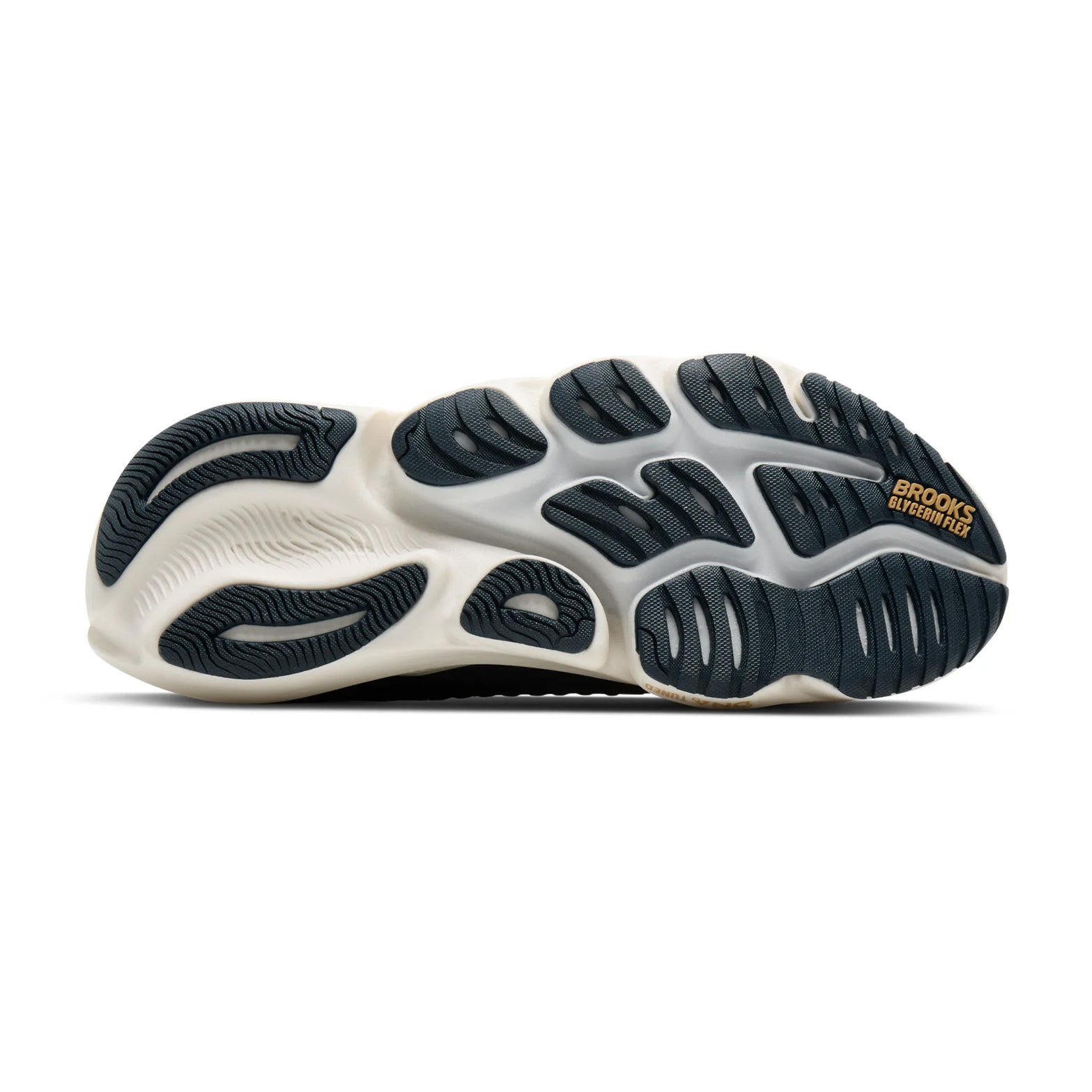 Brooks Men's Glycerin Flex Running Shoes Spellbound Starfish Coconut sole view displaying flex grooves and strategic cutouts