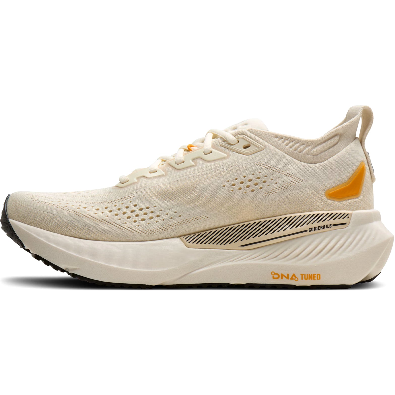 Brooks Glycerin GTS 23 men's running shoe in Arctic Wolf / Angora / Orange — inner view showing arctic wolf engineered knit upper, angora midsole detailing, GuideRails support structure and DNA TUNED cushioning construction