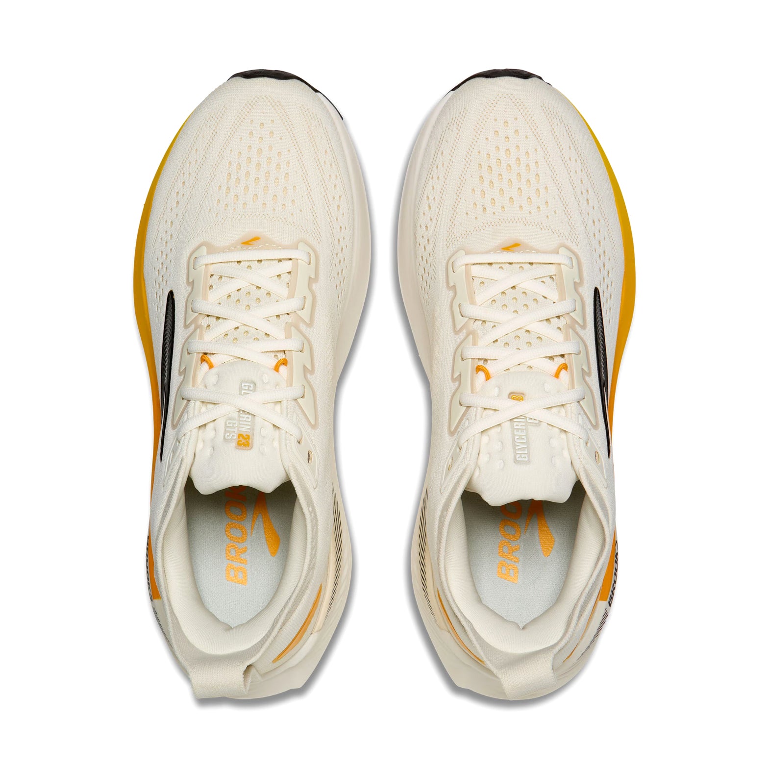 Brooks Glycerin GTS 23 men's running shoe in Arctic Wolf / Angora / Orange — top-down view showing arctic wolf triple jacquard warp knit upper construction, lace closure and orange accent detailing