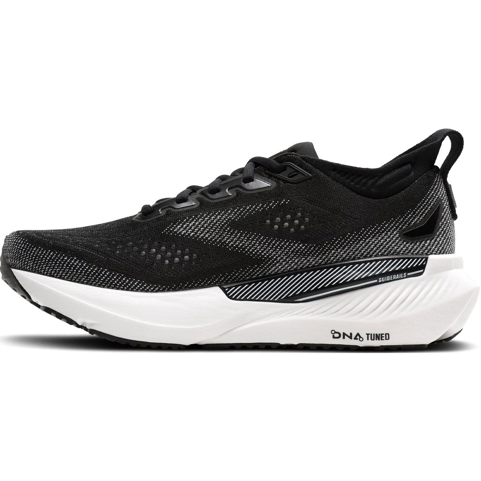 Brooks Glycerin GTS 23 men's running shoe in Black / Grey / White — inner view showing black engineered knit upper, grey midsole detailing, GuideRails support structure and DNA TUNED cushioning construction