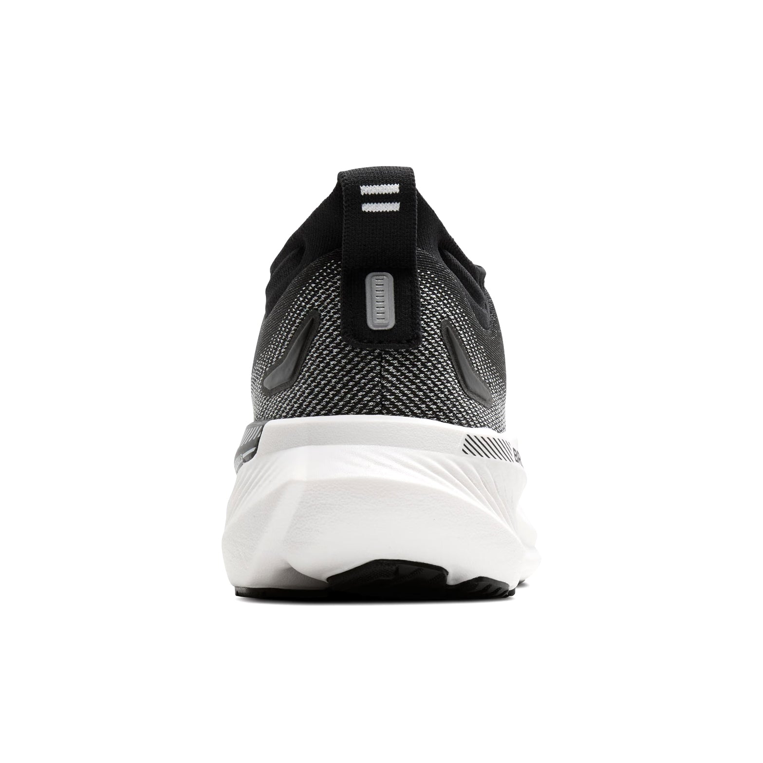 Brooks Glycerin GTS 23 men's running shoe in Black / Grey / White — heel view showing plush padding and ankle collar construction, white heel detailing and grey DNA TUNED foam midsole contrast