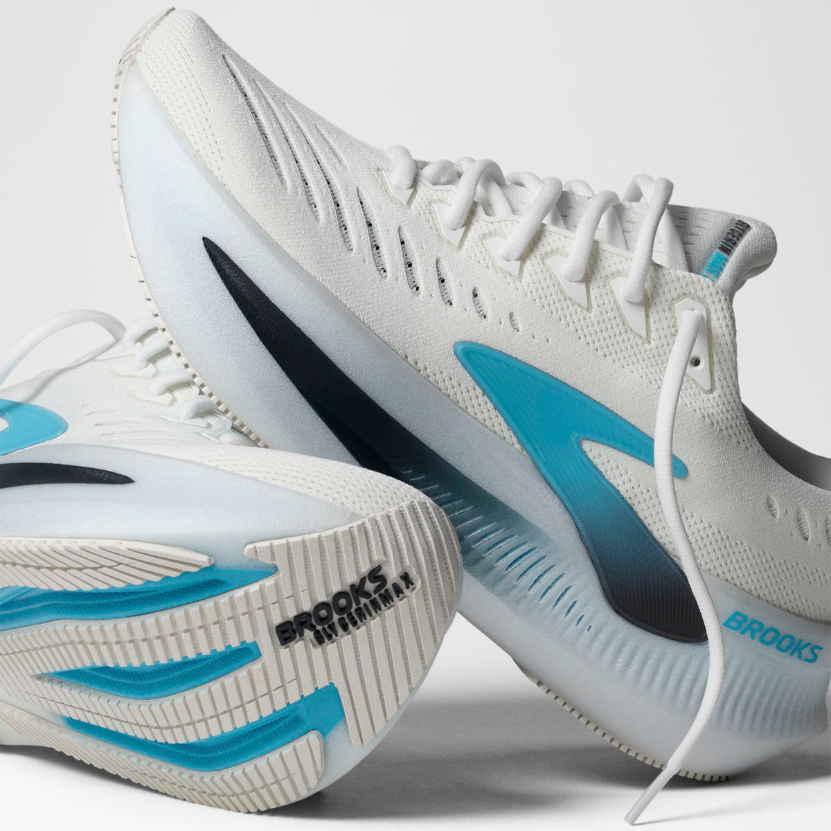 Men's Brooks Glycerin Max 2 Running Shoes White Blue Spellbound showing side view of DNA TUNED dual-cell foam and sole view displaying GlideRoll Rocker technology