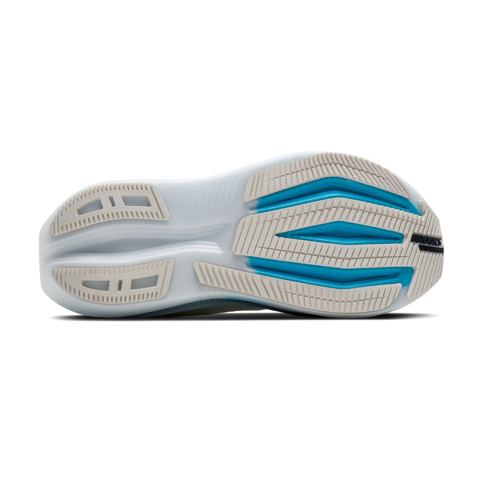 Men's Brooks Glycerin Max 2 Running Shoes White Blue Spellbound sole view displaying GlideRoll Rocker geometry with sculpted bevel and toe spring