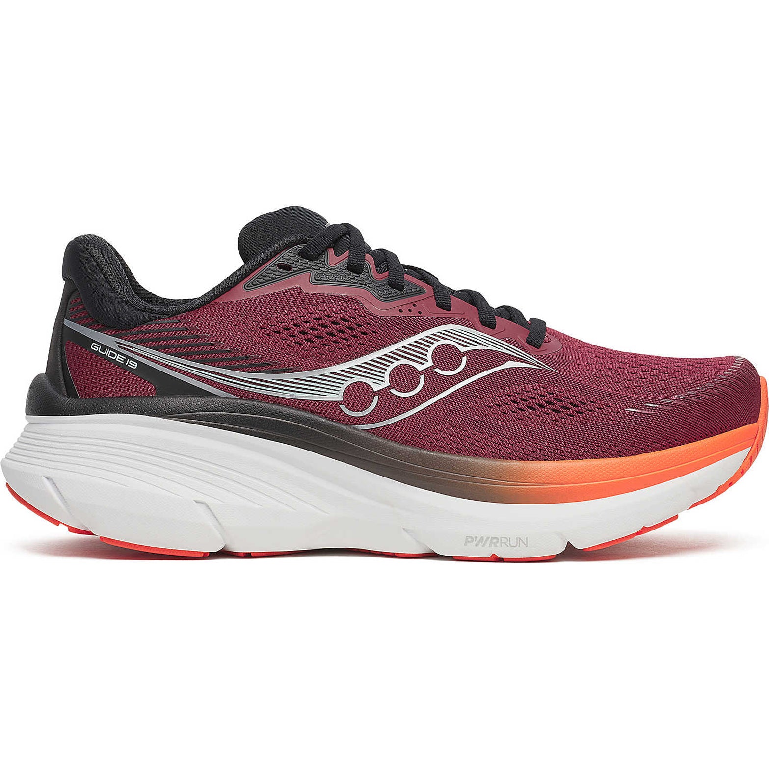 Men's Saucony Guide 19 Running Shoes Crimson Fire outer side view showing softer PWRRUN cushioning midsole and CenterPath Technology sidewalls