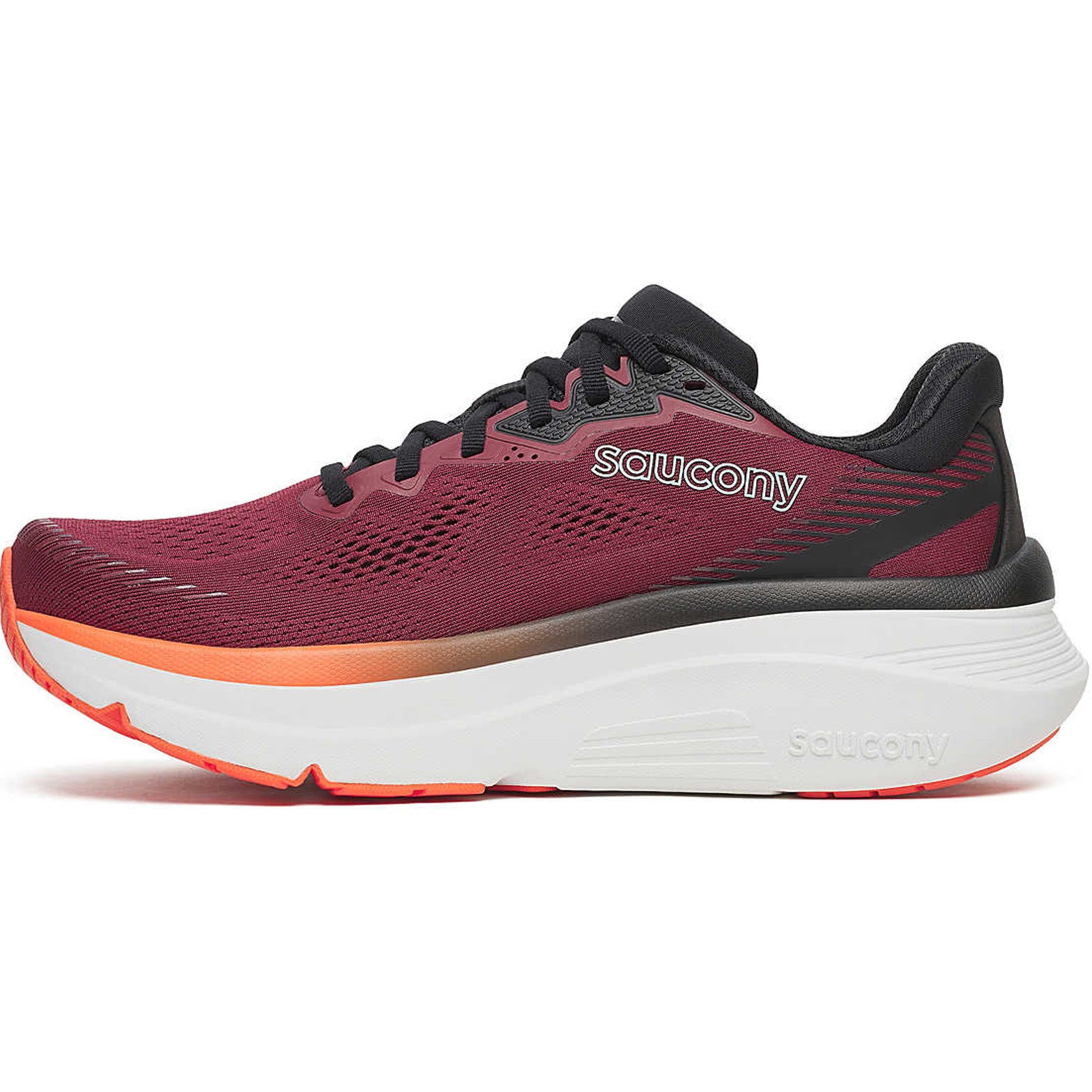 Men's Saucony Guide 19 Running Shoes Crimson Fire inner side view showing PWRRUN foam cushioning and CenterPath balanced support geometry